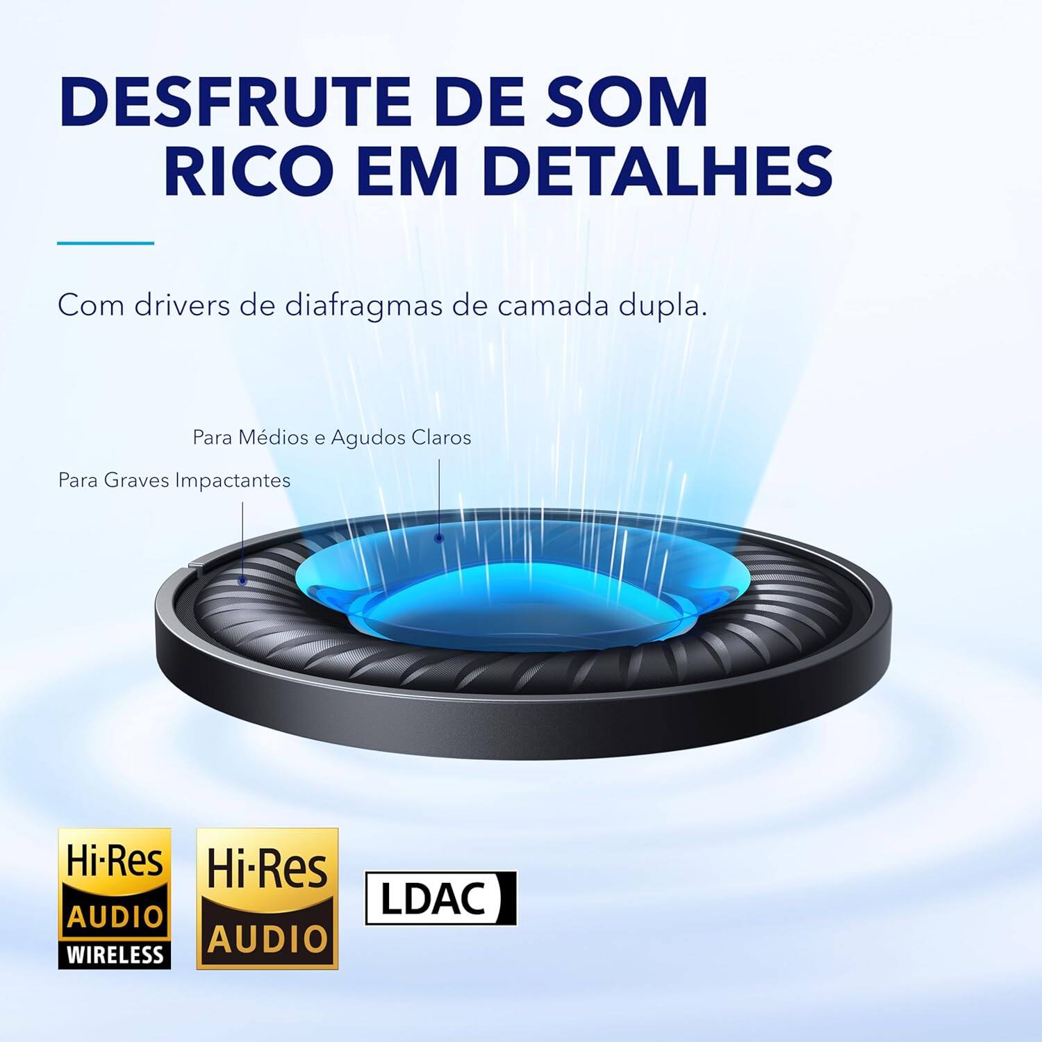 DESFRUTE DE SOM RICO EM DETALHES

Com drivers de diafragmas de camada dupla.

Para Graves Impactantes  
Para Médios e Agudos Claros

Hi-Res AUDIO  
Hi-Res AUDIO  
LDAC  
WIRELESS