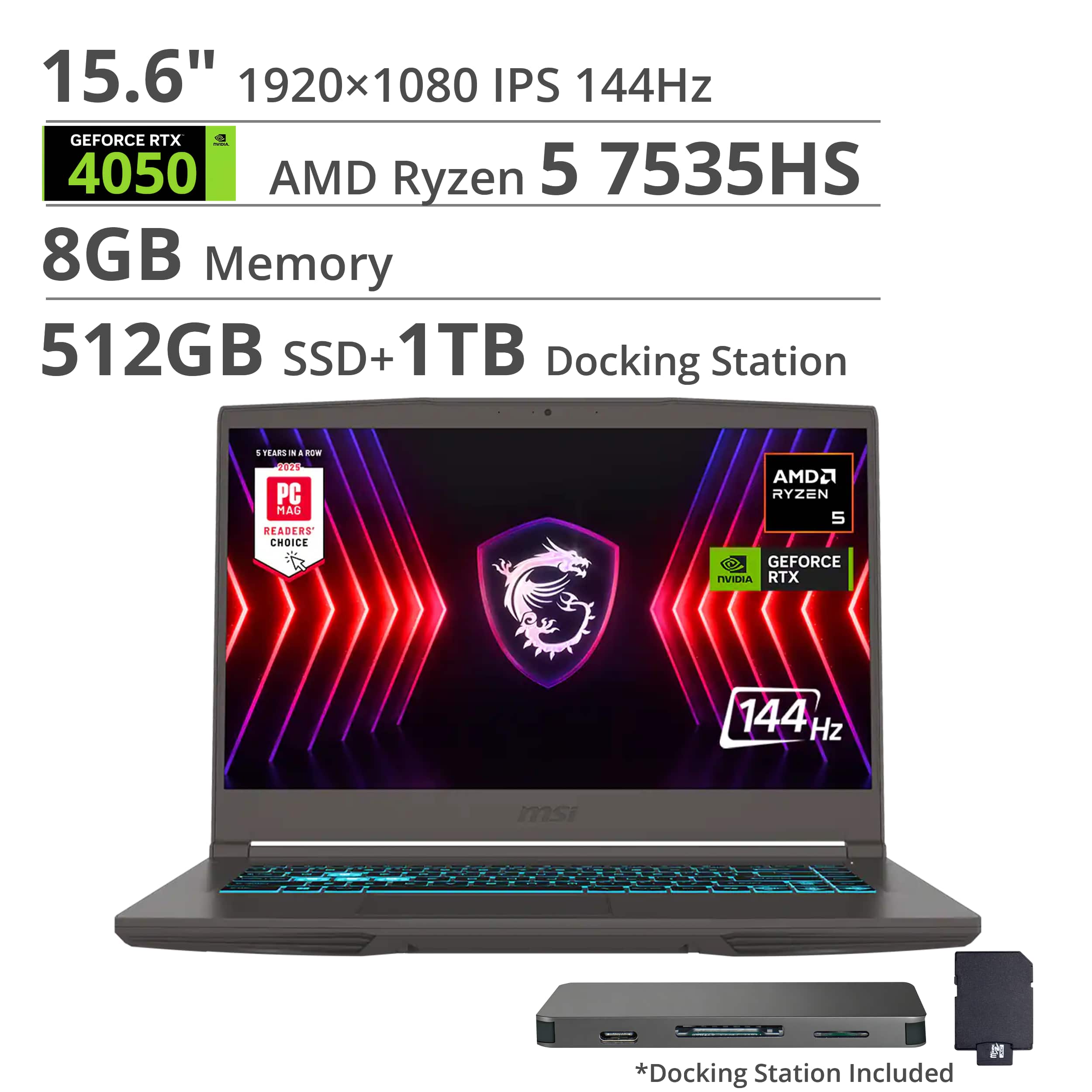 MSI - THIN A15 15.6" 144Hz FHD Gaming Laptop - AMD R5-7535HS - GeForce RTX 4050 - 8GB Memory - 512GBSSD - Black