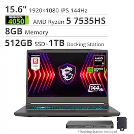 MSI - THIN A15 15.6" 144Hz FHD Gaming Laptop - AMD R5-7535HS - GeForce RTX 4050 - 8GB Memory - 512GBSSD - Black