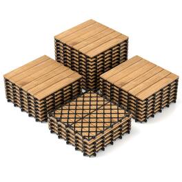 Costway - 30 PCS Acacia Wood Flooring Tiles 12" x 12" Snap-in-place Patio Tiles for Porch - Brown