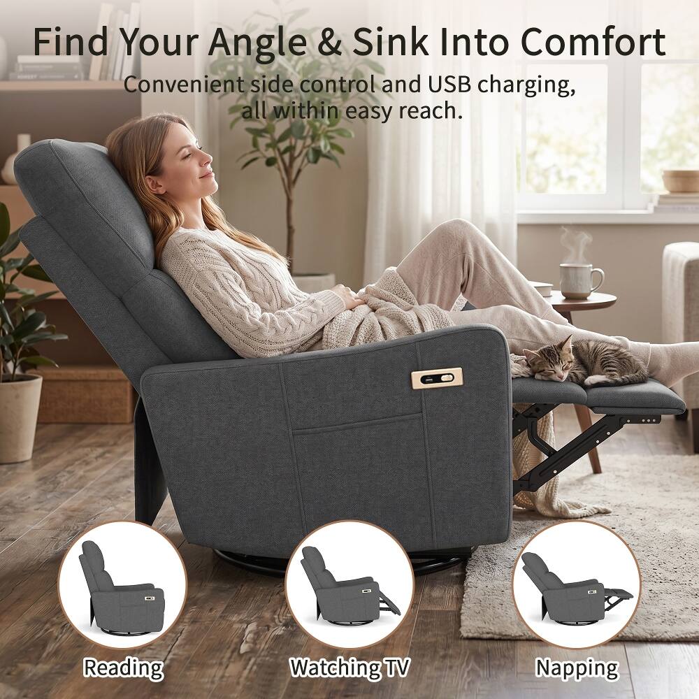 Find Your Angle & Sink Into Comfort  
Convenient side control and USB charging, all within easy reach.  

Reading  
Watching TV  
Napping