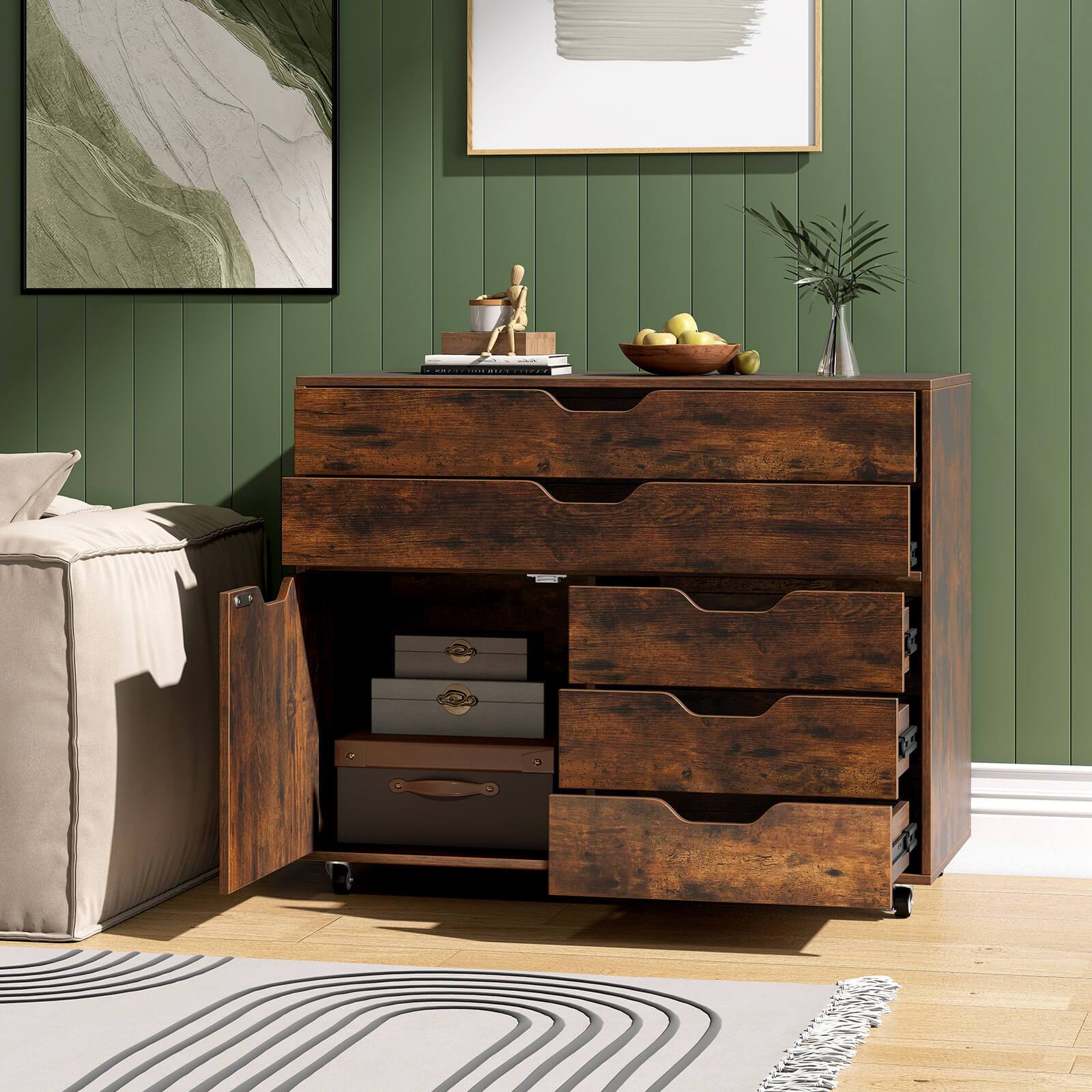 Alt View 3. Costway - Costway 5-Drawer File Cabinet Mobile Chest of Drawers with Side Cabinet 5 Casters - Brown.