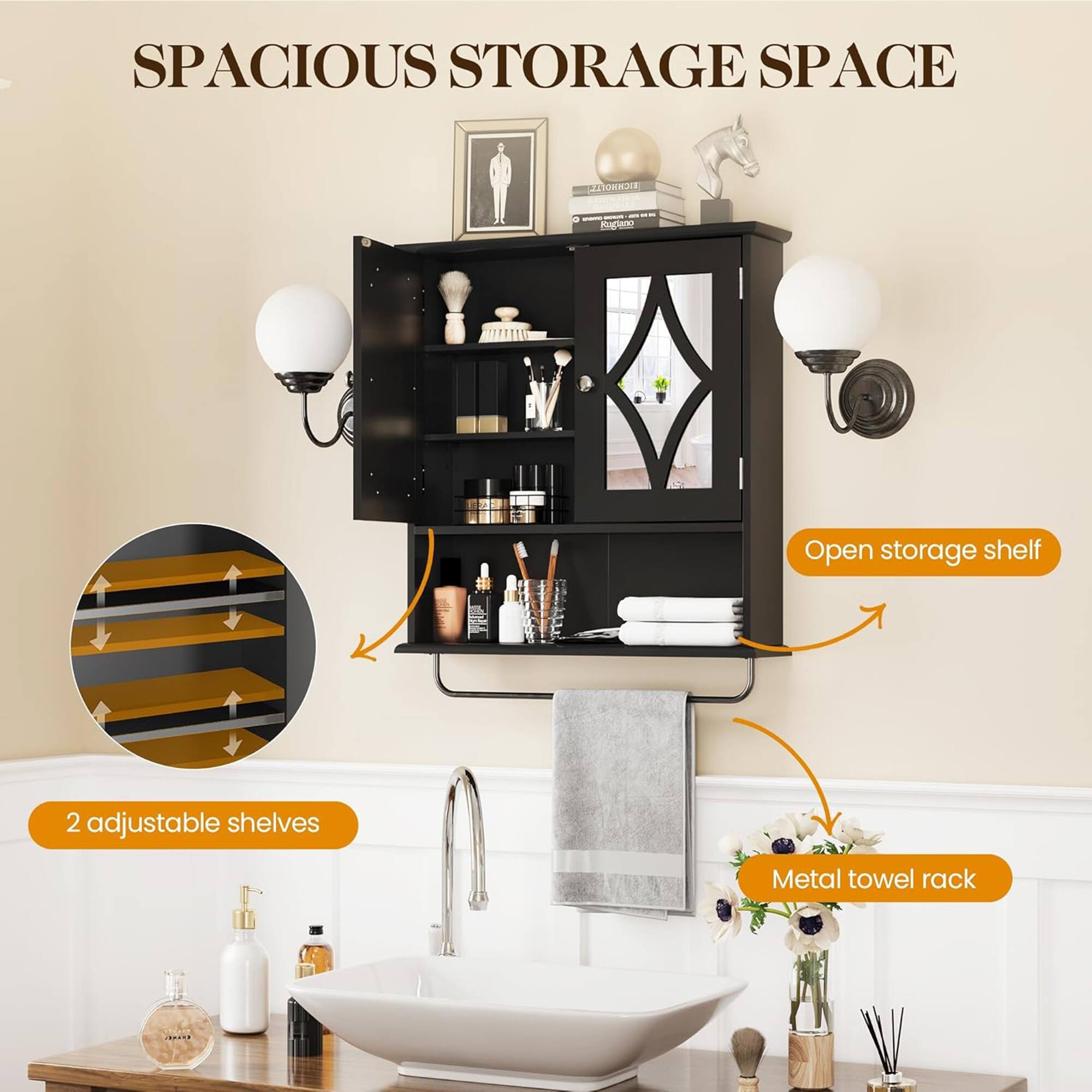 SPACIOUS STORAGE SPACE

- Open storage shelf
- 2 adjustable shelves
- Metal towel rack