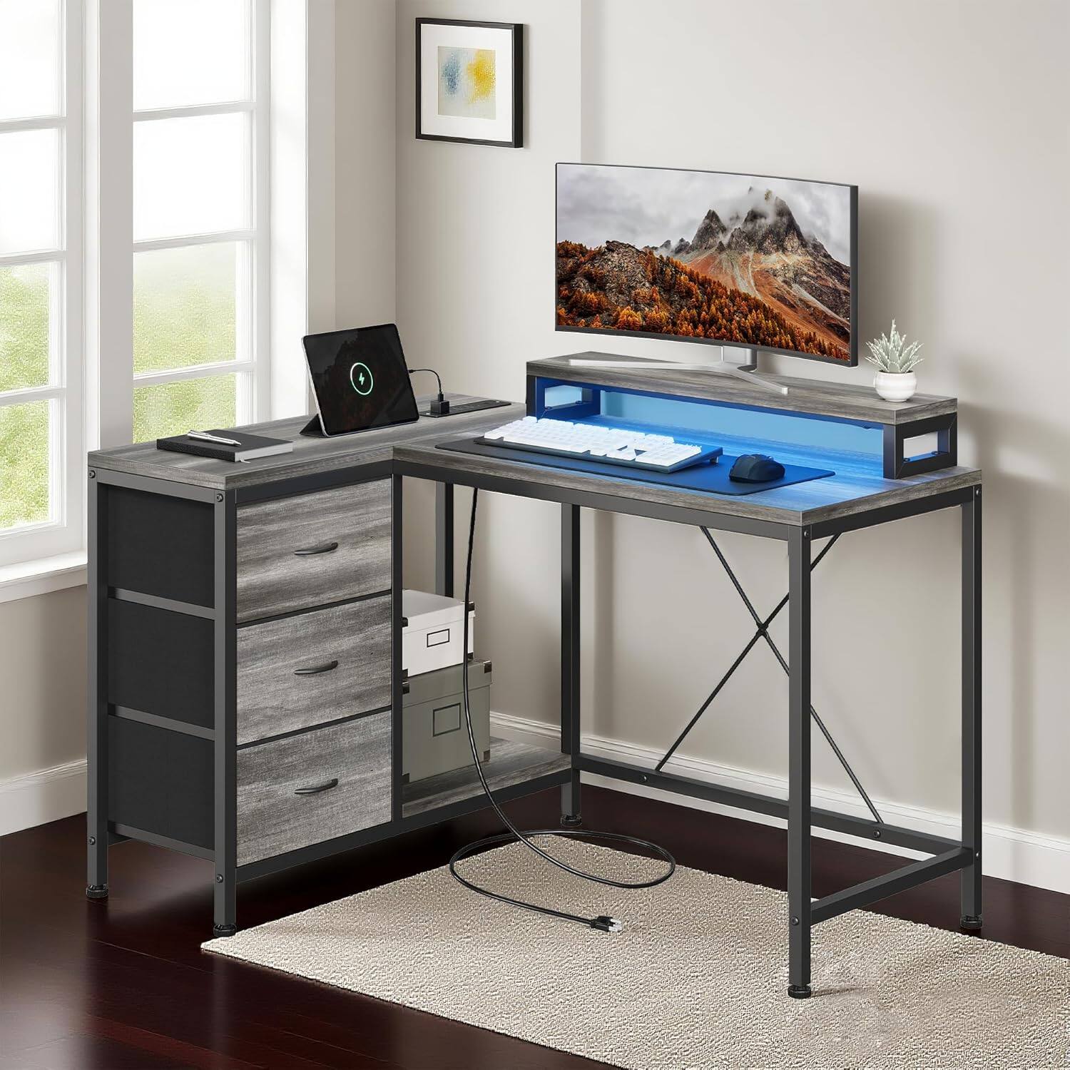 Back. Babevy - L Shaped Computer Desk with Storage Drawers and Shelves, Corner Gaming Office Desk for Home Office Study - Gray.