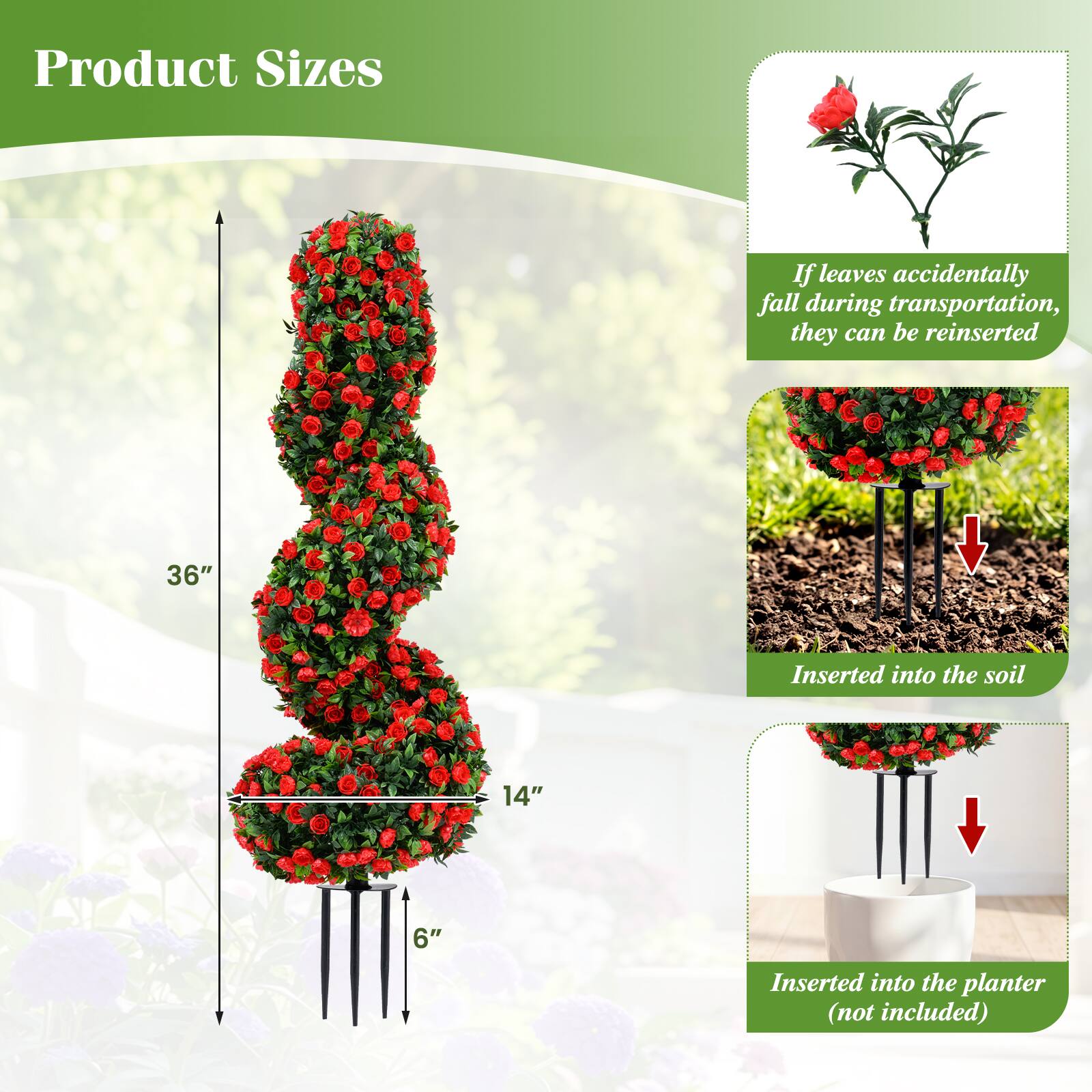 Product Sizes

If leaves accidentally fall during transportation, they can be reinserted

36"

Inserted into the soil

14"

6"

Inserted into the planter (not included)