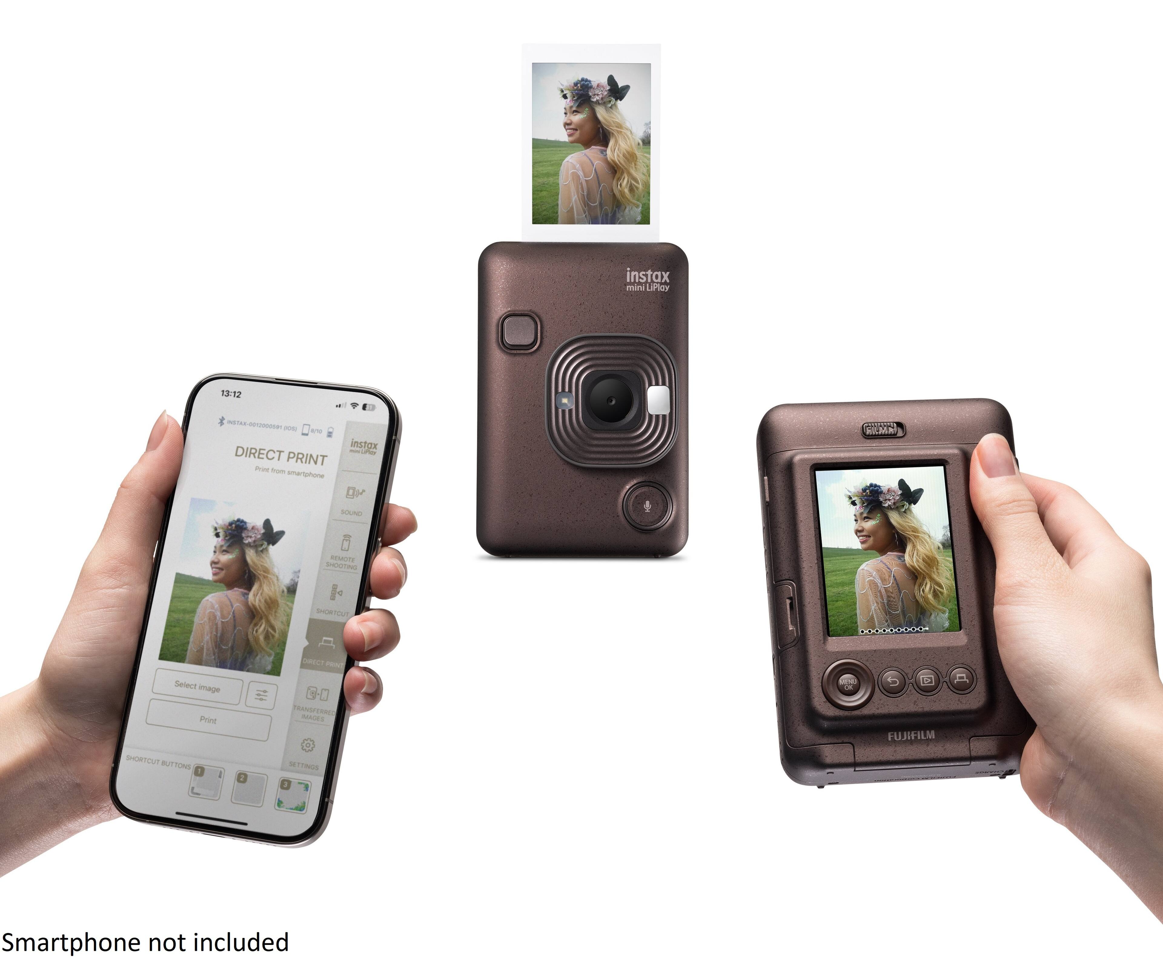 The text on the image reads: "instax mini Linay 18:12 a NA-000000091 - - - instax DIRECT -  PRINT Pus fum amariphone H - EE HEME m -T  STO  - Pe Select image Pvet GO TRANGTS SANES FUJIFILM sucencte BUT TO 1 1 TPO0S Smartphone not included."