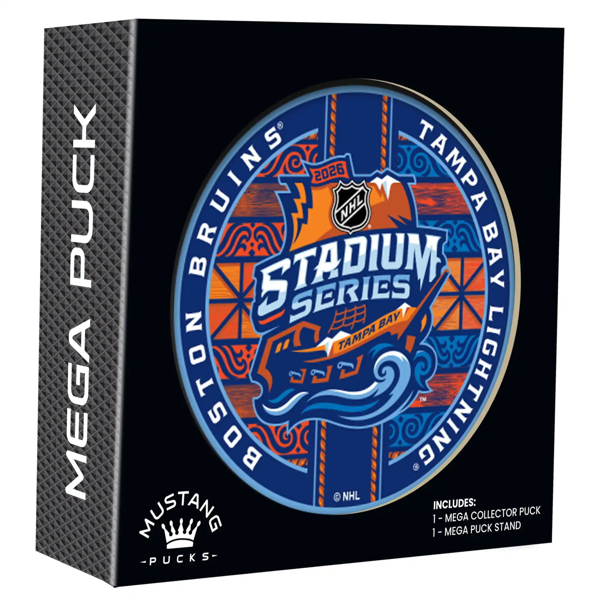 RUCK MEGA BRUINS 2026 NHL TAMPA BAY SERIES BOSTON LIGHTNING TM  
NHL INCLUDES:  
1 MEGA COLLECTOR PUCK  
1 MEGA PUCK STAND