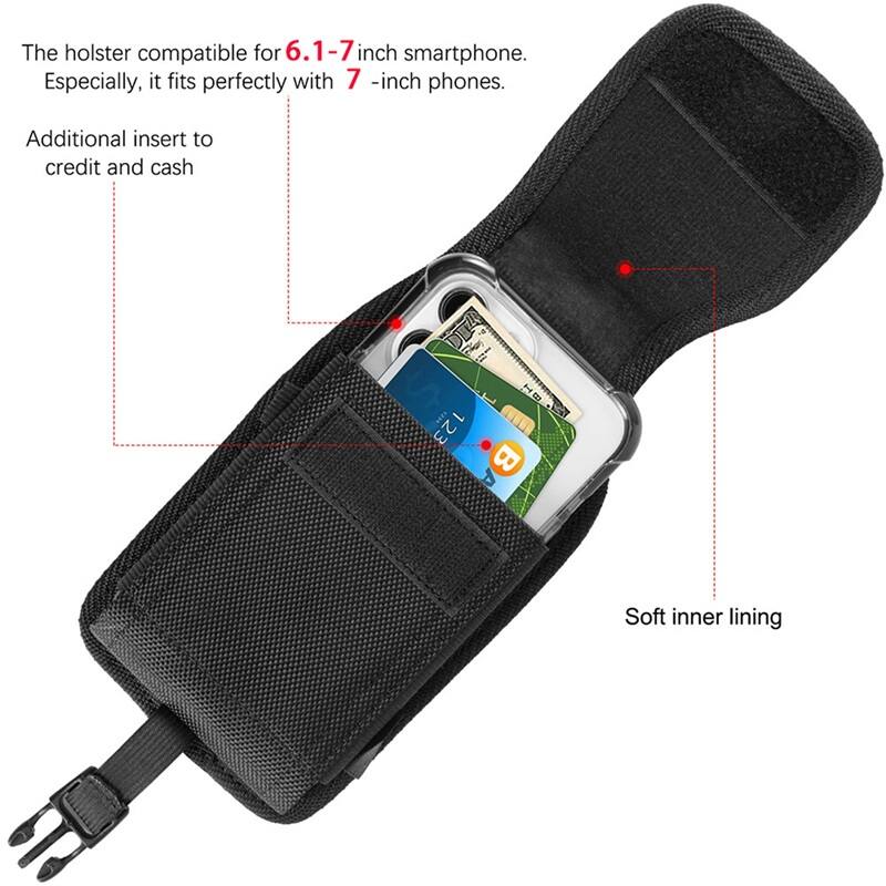The holster compatible for 6.1-7 inch smartphone. Especially, it fits perfectly with 7 -inch phones. Additional insert to credit and cash. Soft inner lining.