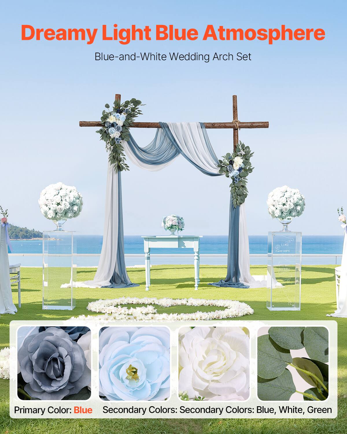 Dreamy Light Blue Atmosphere  
Blue-and-White Wedding Arch Set  

Primary Color: Blue  
Secondary Colors: Blue, White, Green