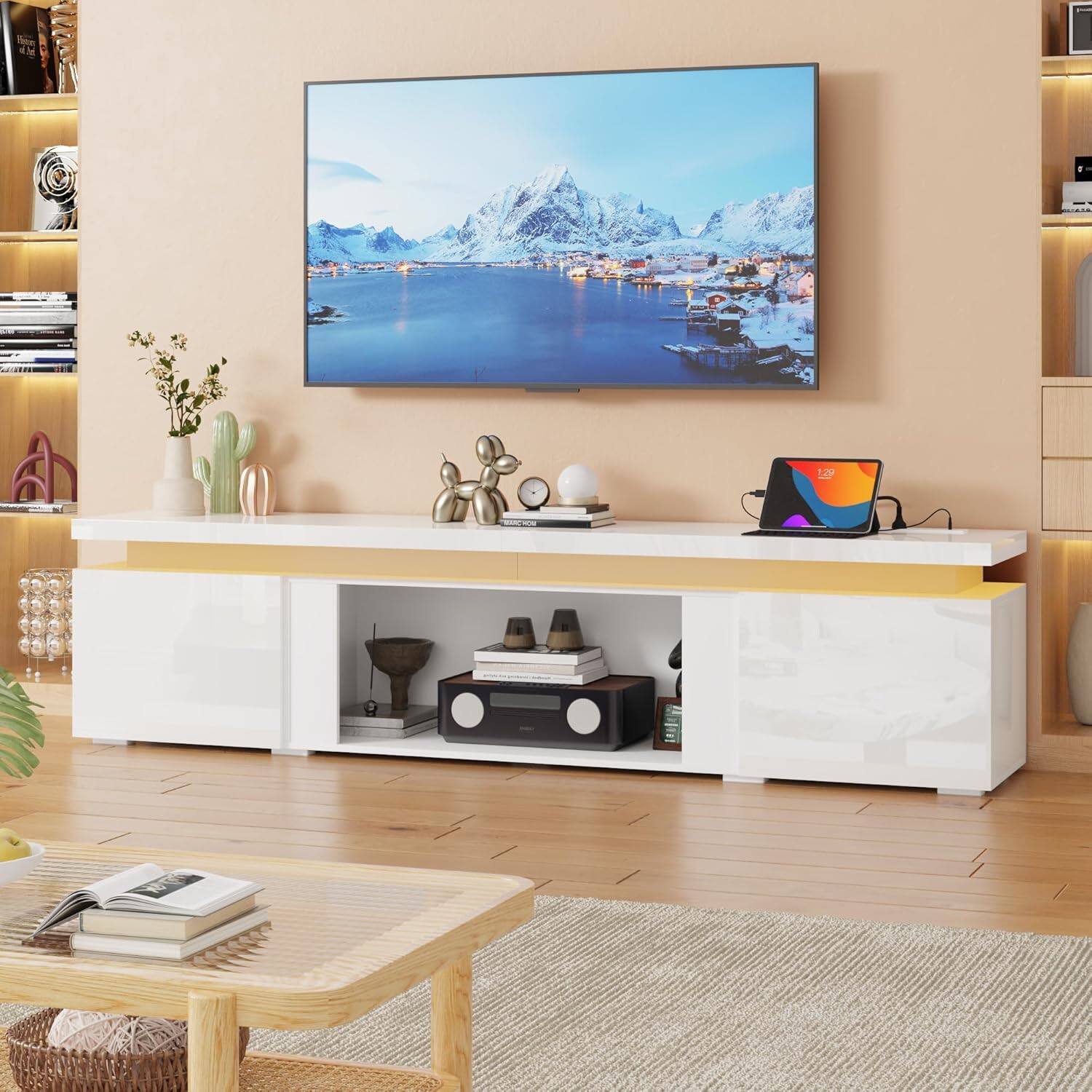 Left. Espafurni - 83Inch Modern High Gloss TV Stand with Power Outlet Storage for up to 95" TVs - White.