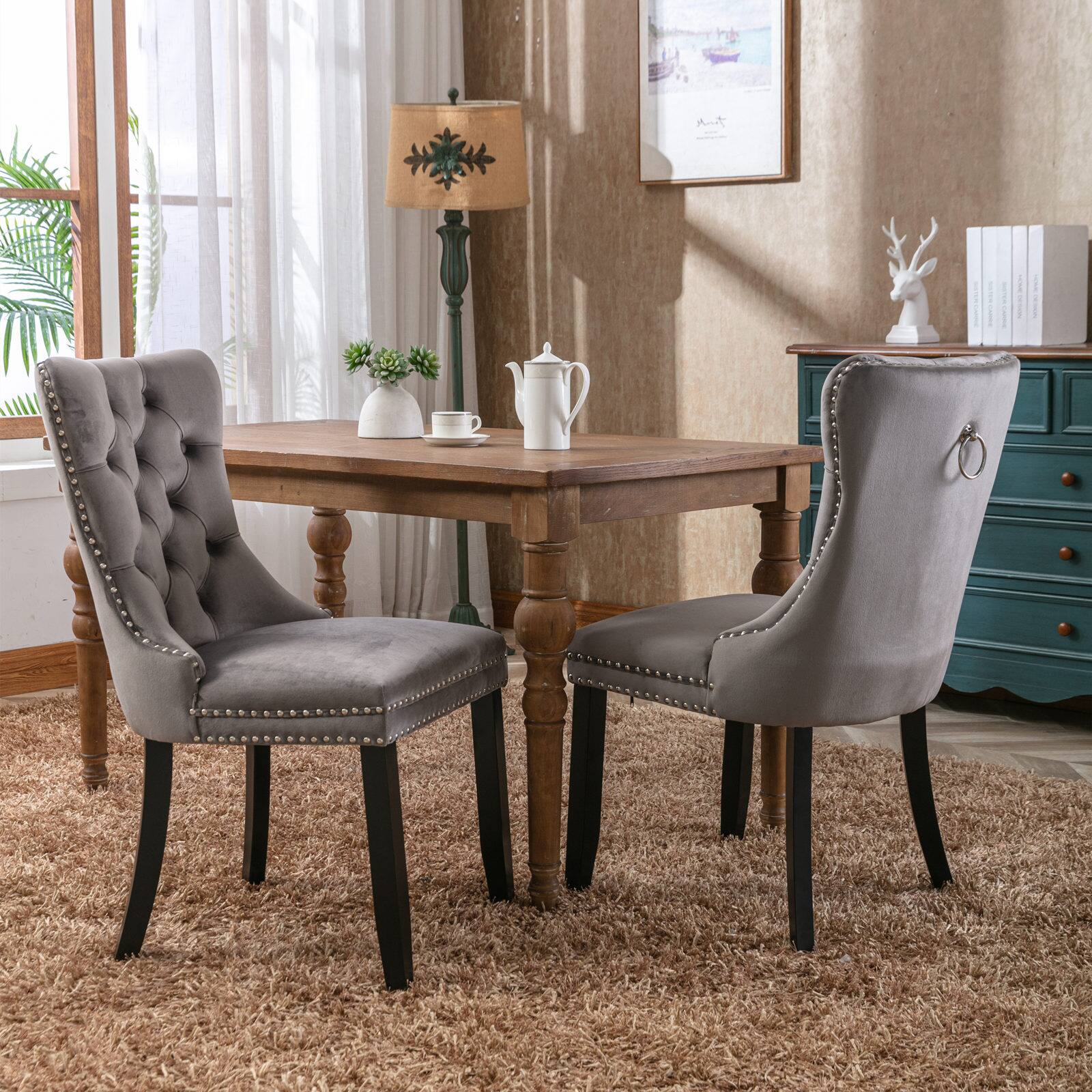 Angle. Lirago - Lirago Upholstered Dining Chairs Set of 2 Modern High End Tufted Velvet with Solid Wood Legs and Nailhead Trim - Gray.