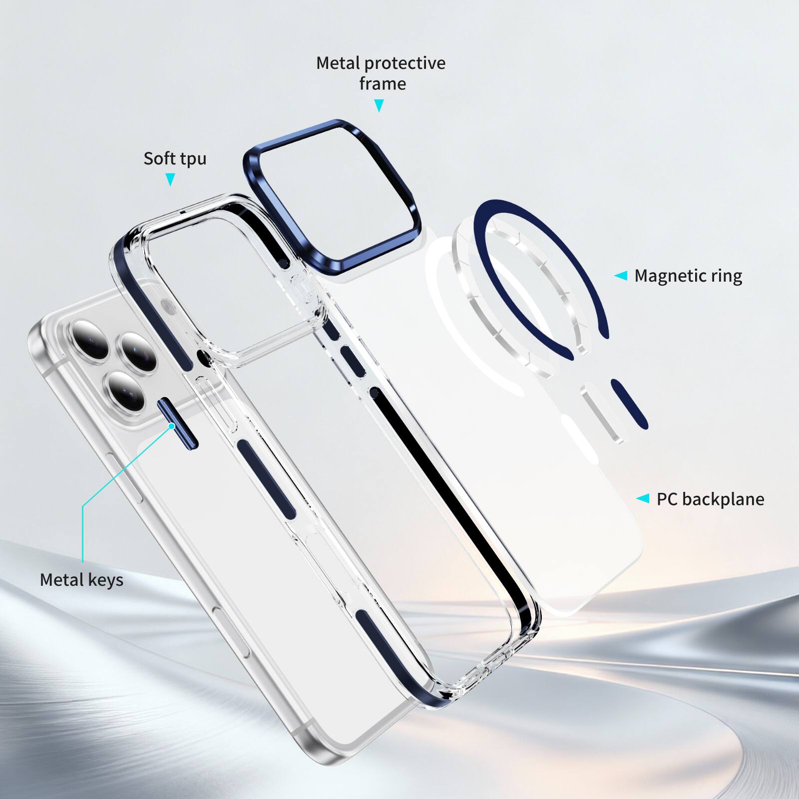 Metal protective frame  
Soft tpu  
Magnetic ring  
PC backplane  
Metal keys