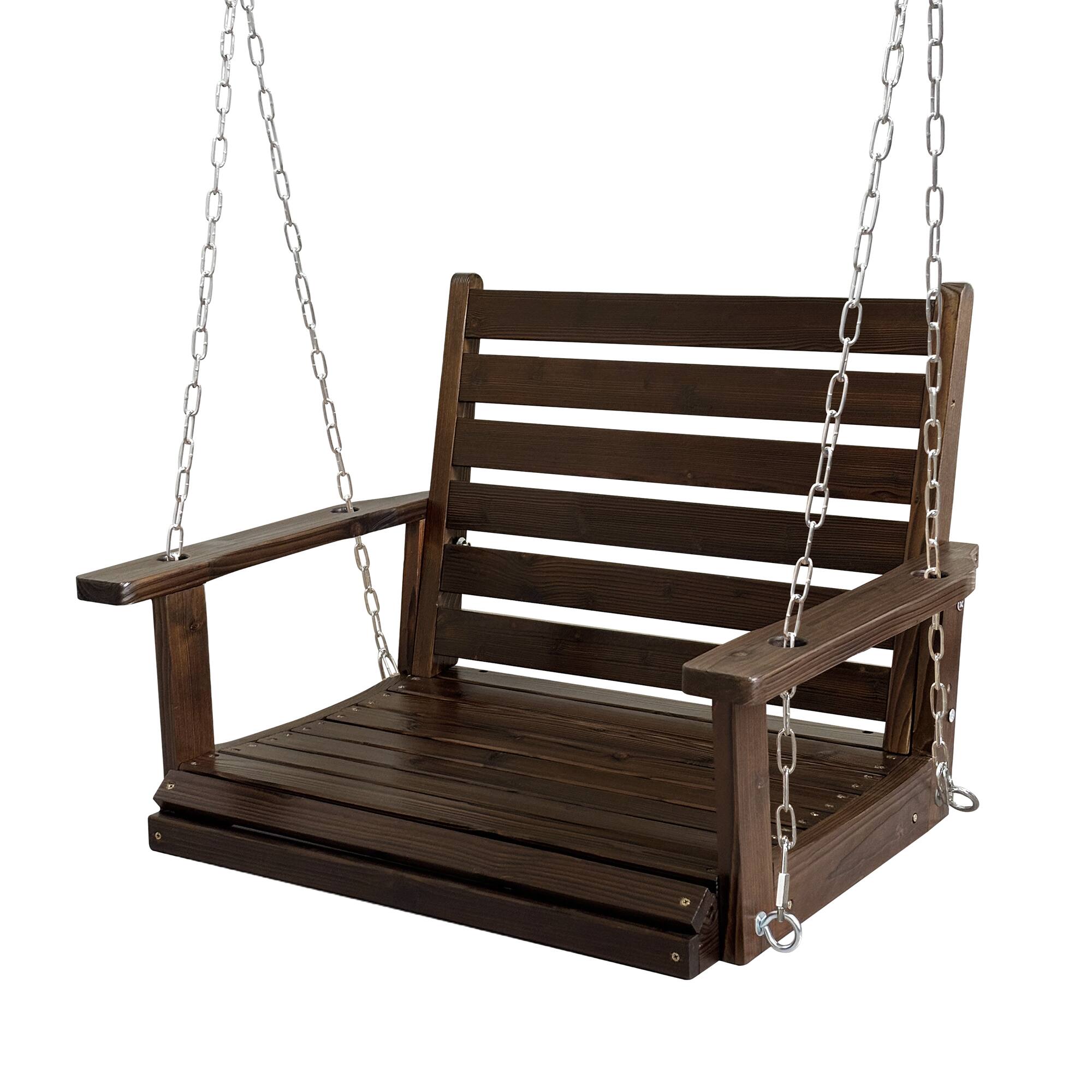 Alt View 3. Fortune Candy - Solid Fir Wood Porch Swing, 1-Person Patio Swing Seat for Outdoor Garden, Deep Brown - Deep Broen.
