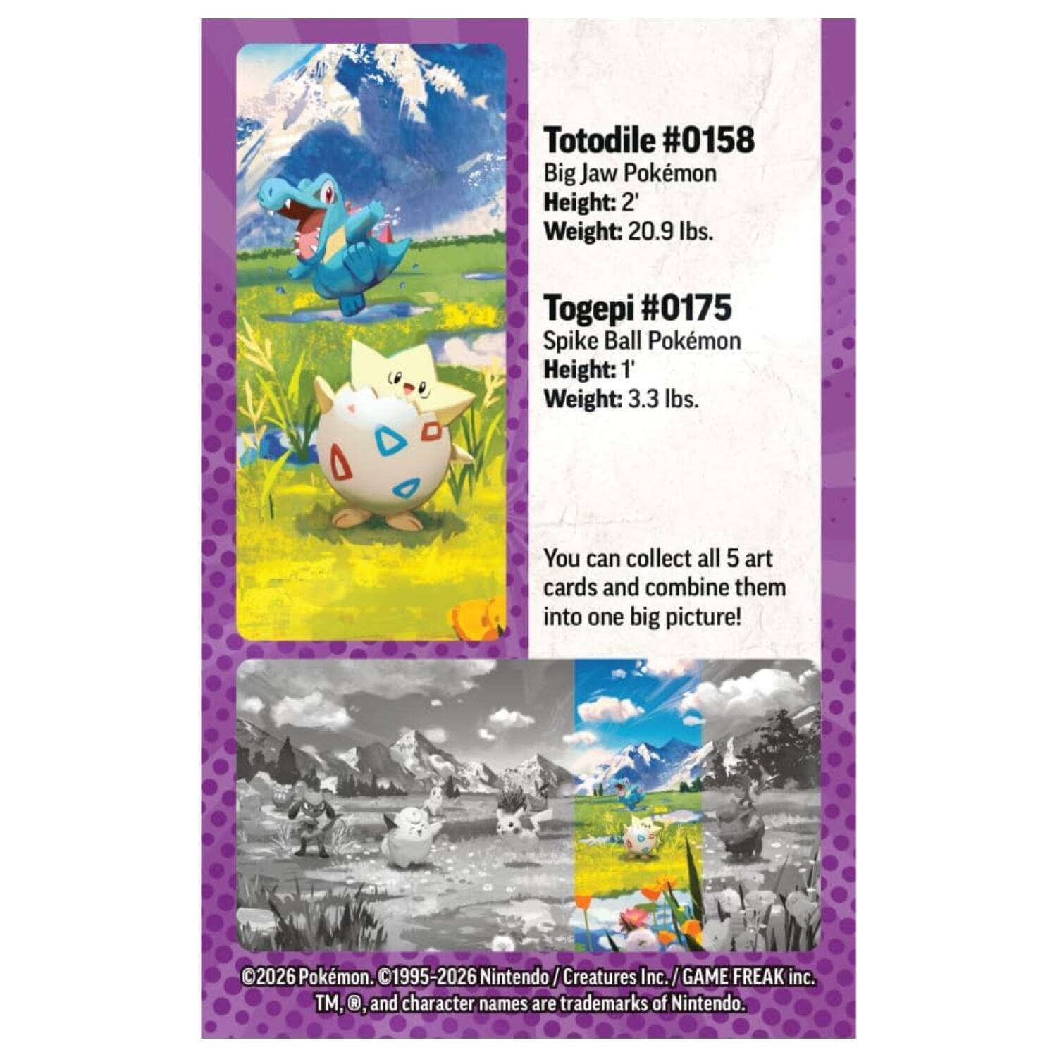 Totodile #0158  
Big Jaw Pokémon  
Height: 2'  
Weight: 20.9 lbs.  

Togepi #0175  
Spike Ball Pokémon  
Height: 1'  
Weight: 3.3 lbs.  

You can collect all 5 art cards and combine them into one big picture!  

©2026 Pokémon. ©1995-2026 Nintendo/Creatures Inc./GAME FREAK inc.  
TM, ®, and character names are trademarks of Nintendo.