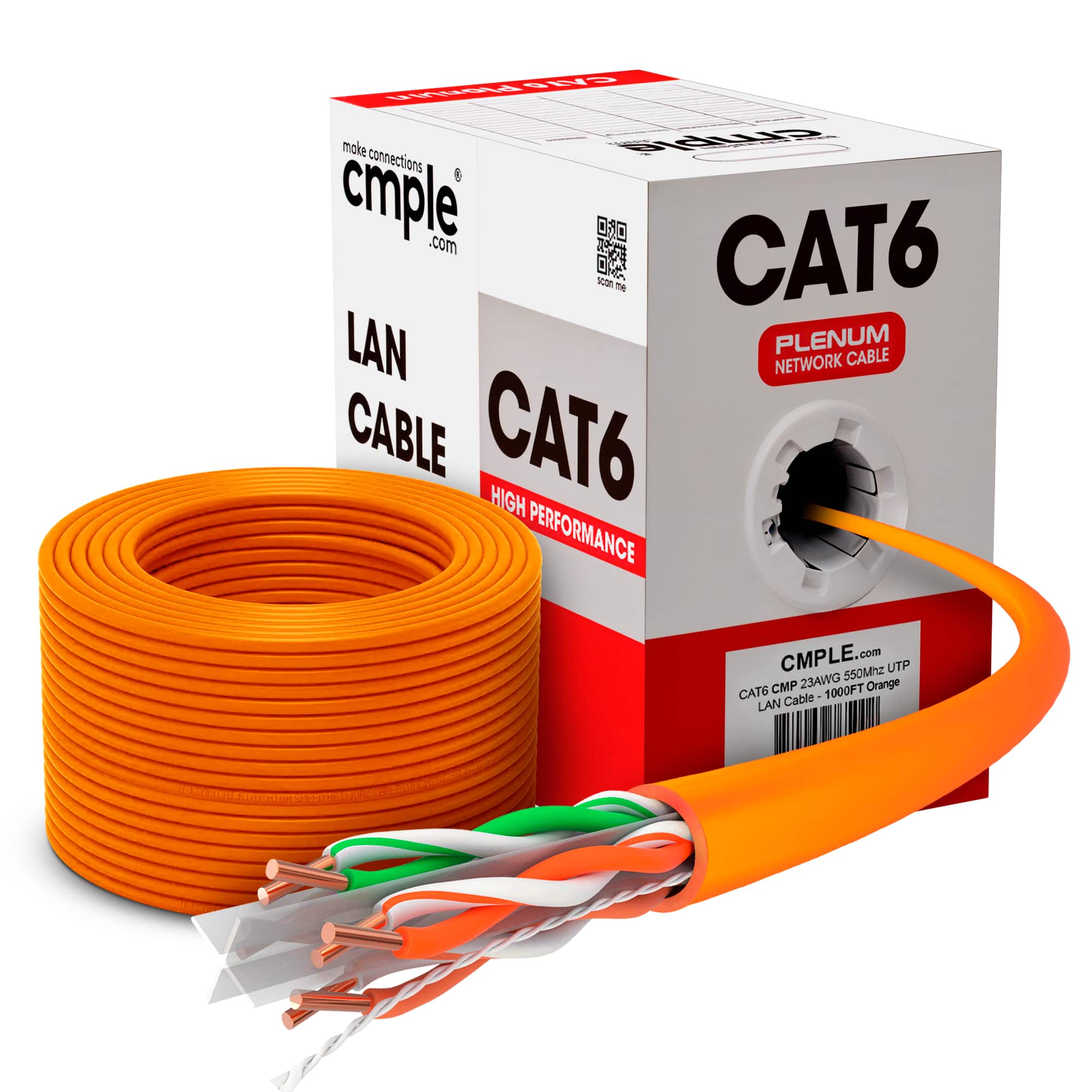 Cmple.com - Cmple - Cat6 Plenum Ethernet Cable 1000ft, 550MHz 10Gbps 23AWG UTP CMP Network Cat 6 Cable Bulk - Orange