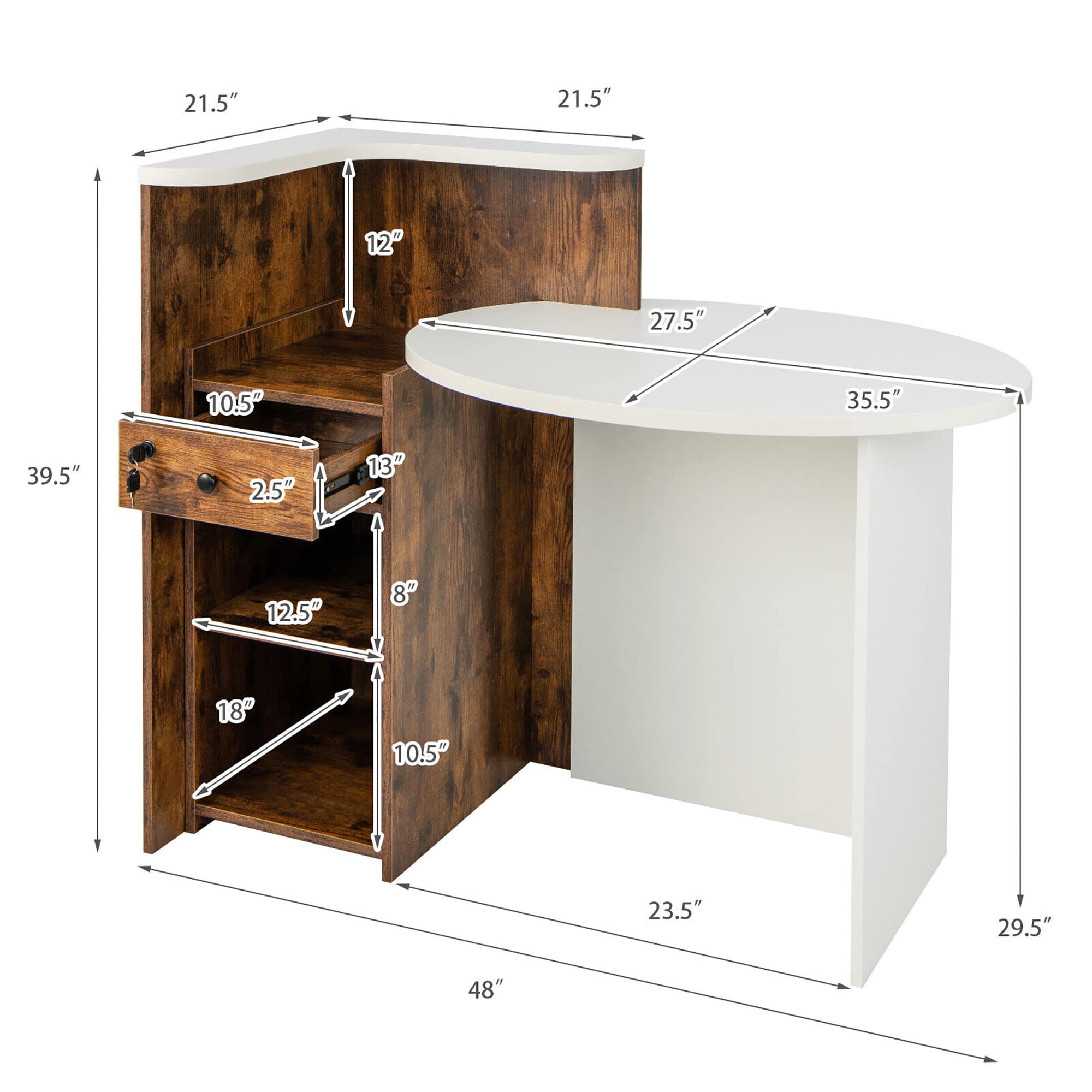 The image shows a wooden cabinet with a white countertop. The cabinet is 21.5 inches tall, and the countertop is 27.5 inches in diameter. The cabinet has a drawer that is 12 inches deep, and the countertop is 35.5 inches in diameter. The cabinet is 39.5 inches tall, and the countertop is 48 inches in diameter. The cabinet has a drawer that is 10.5 inches deep, and the countertop is 23.5 inches in diameter. The cabinet is 21.5 inches tall, and the countertop is 29.5 inches in diameter. The cabinet has a drawer that is 18 inches deep, and the countertop is 10.5 inches in diameter.