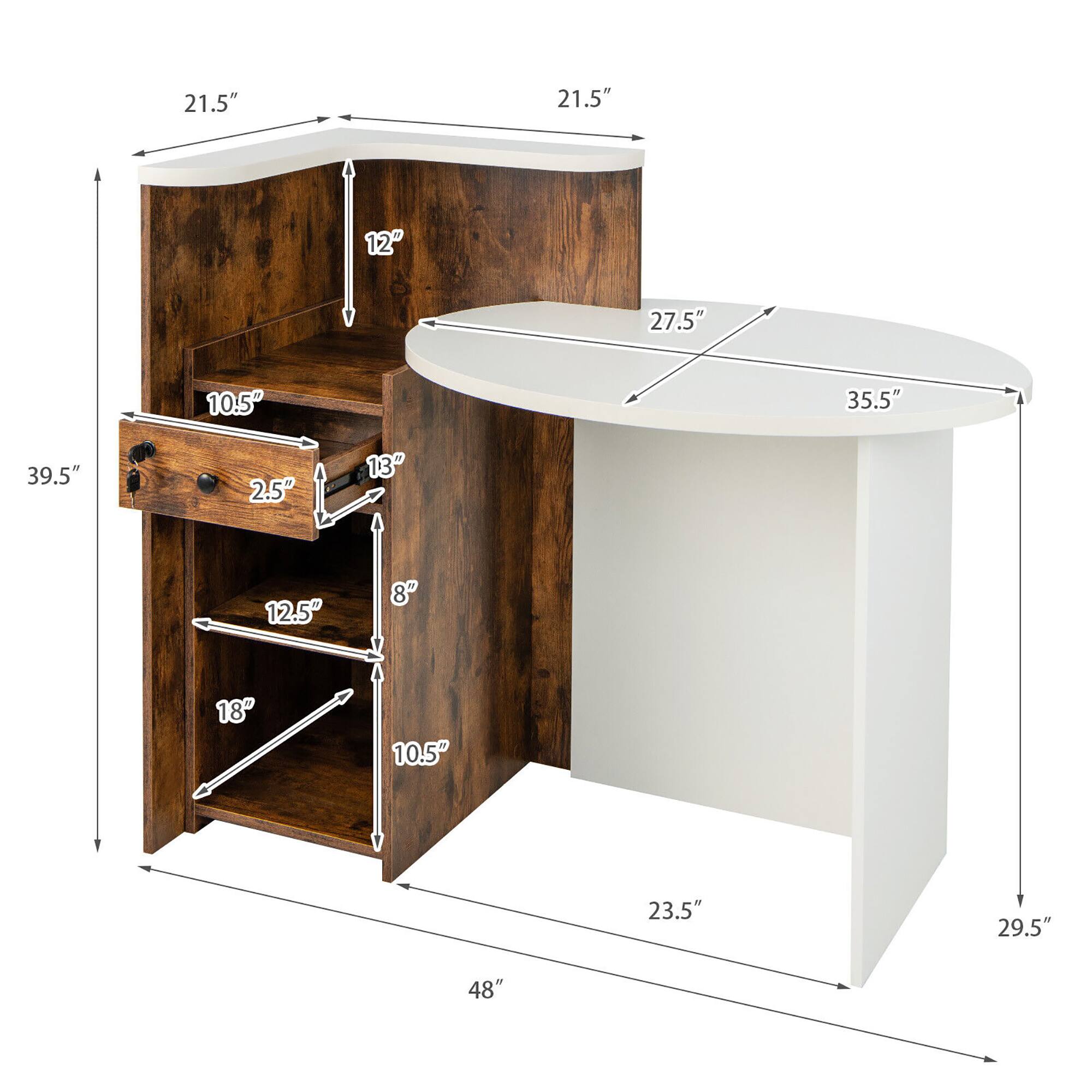 The image shows a wooden cabinet with a white countertop. The cabinet is 21.5 inches tall, and the countertop is 27.5 inches in diameter. The cabinet has a drawer that is 12 inches deep, and the countertop is 35.5 inches in diameter. The cabinet is 39.5 inches tall, and the countertop is 48 inches in diameter. The cabinet has a drawer that is 10.5 inches deep, and the countertop is 23.5 inches in diameter. The cabinet is 21.5 inches tall, and the countertop is 29.5 inches in diameter. The cabinet has a drawer that is 18 inches deep, and the countertop is 10.5 inches in diameter.