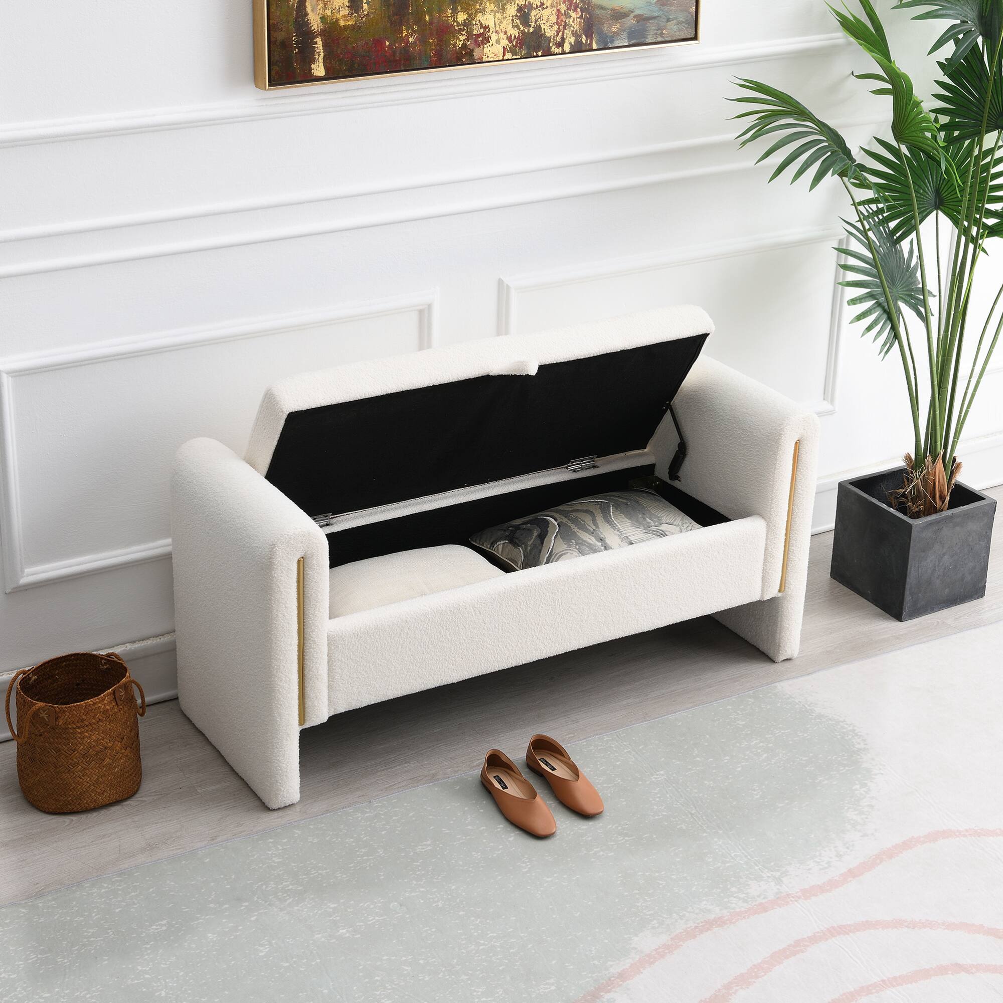 Left. GOODSILO - Modern Upholstered Storage Bench with Arms, Large Foot Rest Stool for Living Room and Bedroom - Cream.