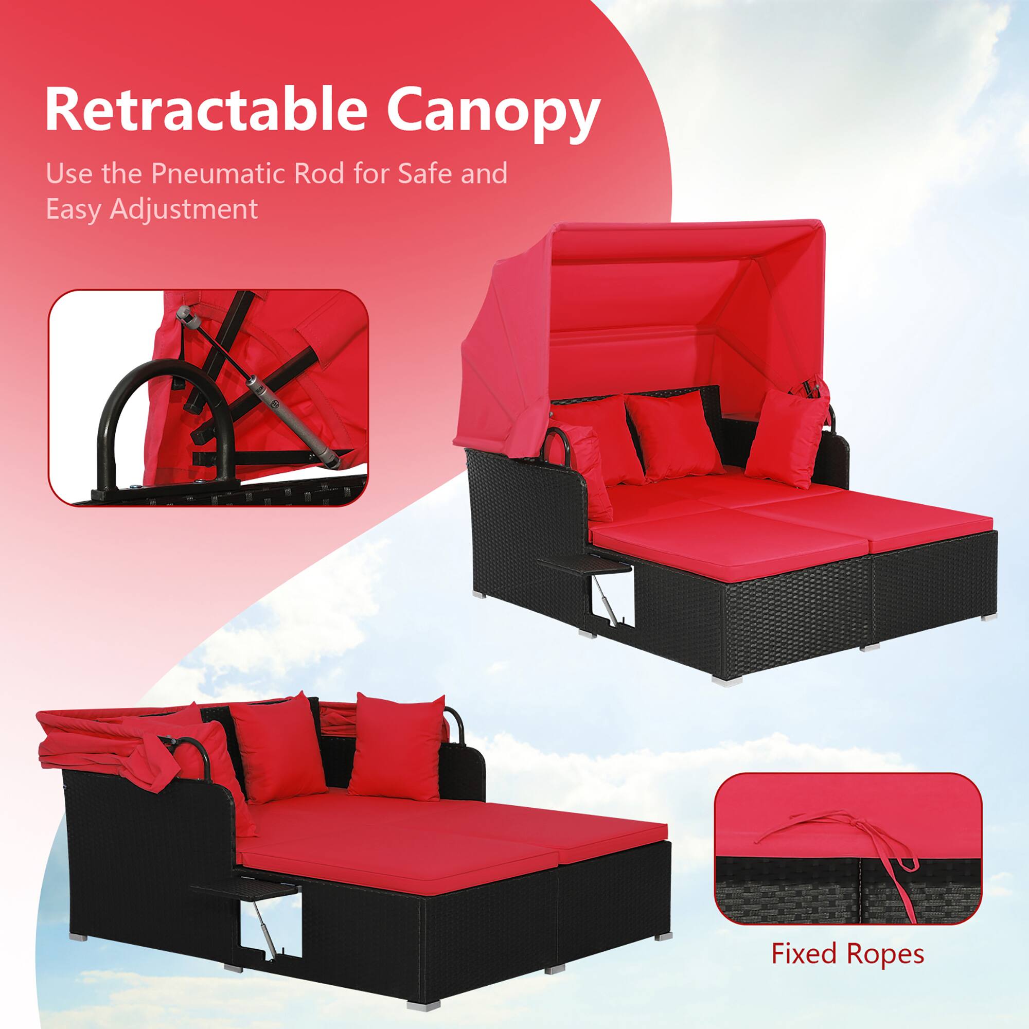 Retractable Canopy  
Use the Pneumatic Rod for Safe and Easy Adjustment  

Fixed Ropes