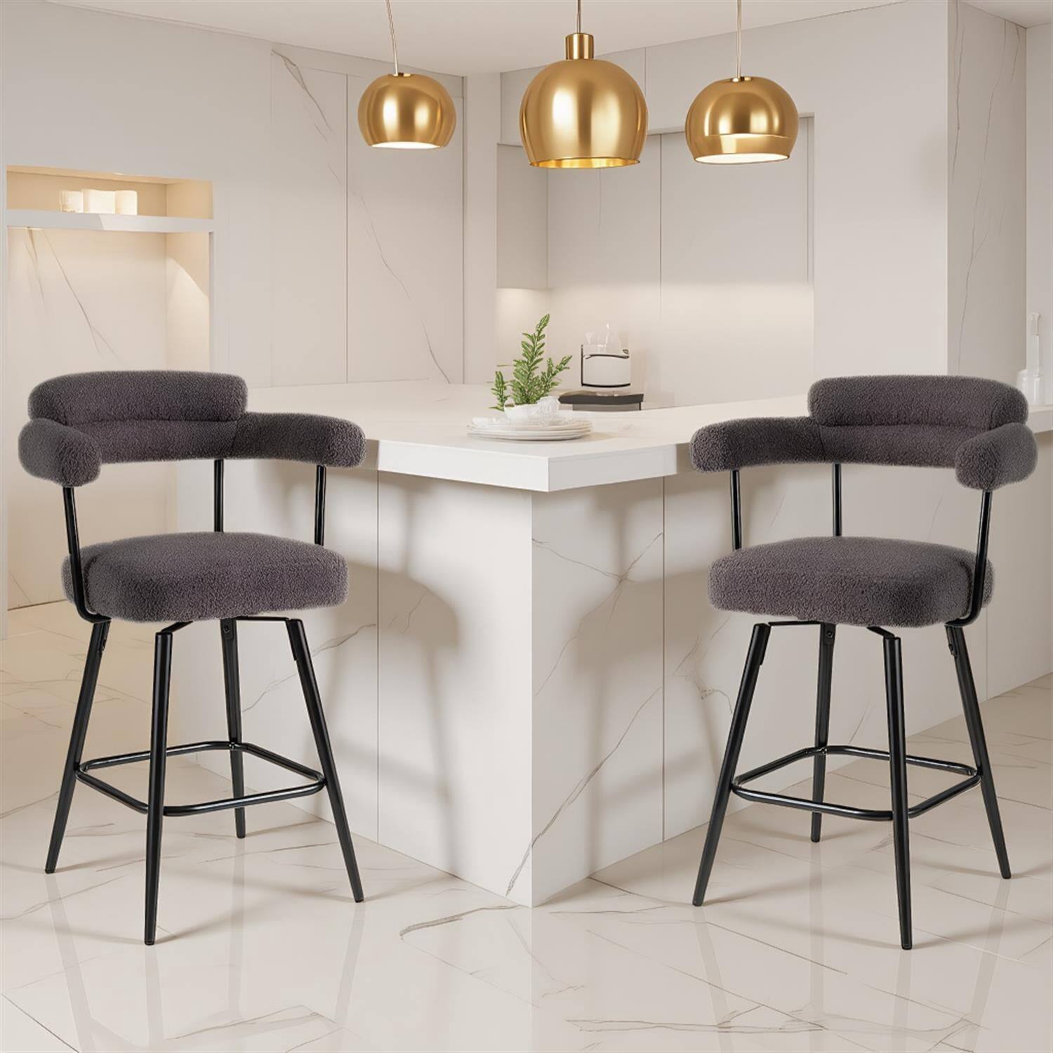 Front. Pefilos - 360° Swivel Bar Stools Set of 2, Counter Height Curved Back with Arms, Padded Upholstered Bar Chairs - Gray.