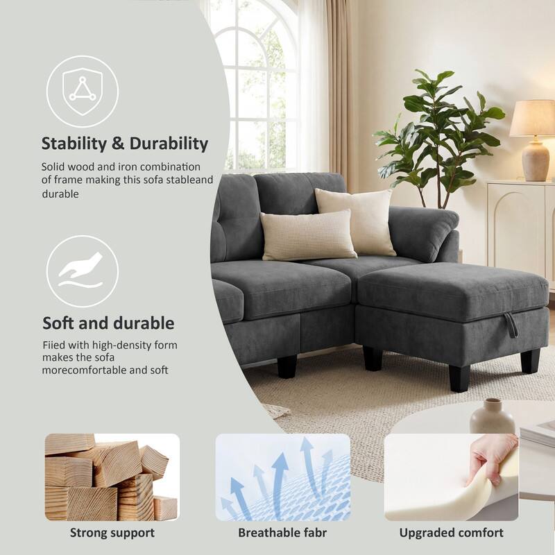 Stability & Durability  
Solid wood and iron combination of frame making this sofa stable and durable  

Soft and durable  
Filled with high-density foam makes the sofa more comfortable and soft  

Strong support  
Breathable fabric  
Upgraded comfort