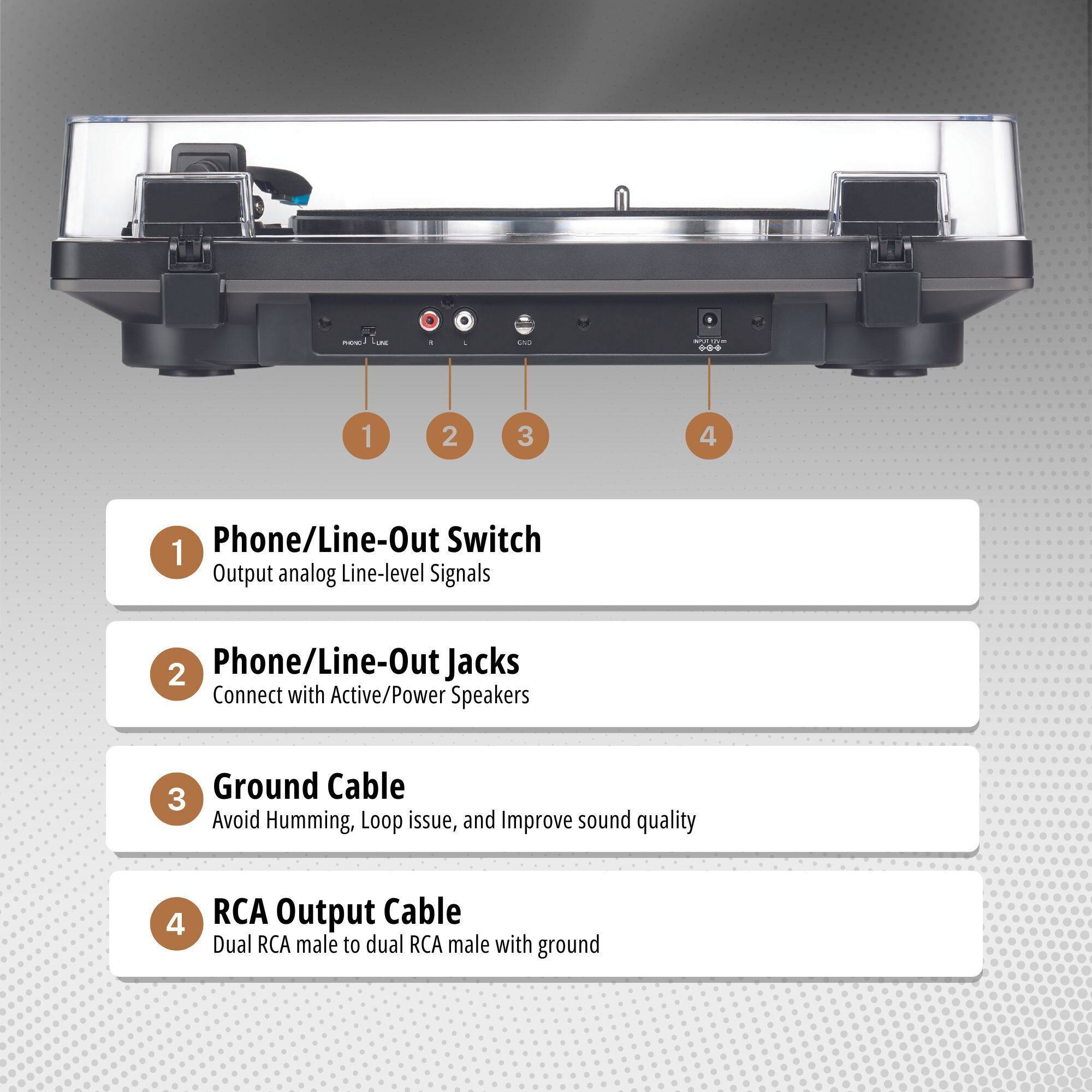 1. Phone/Line-Out Switch  
   Output analog Line-level Signals

2. Phone/Line-Out Jacks  
   Connect with Active/Power Speakers

3. Ground Cable  
   Avoid Humming, Loop issue, and Improve sound quality

4. RCA Output Cable  
   Dual RCA male to dual RCA male with ground