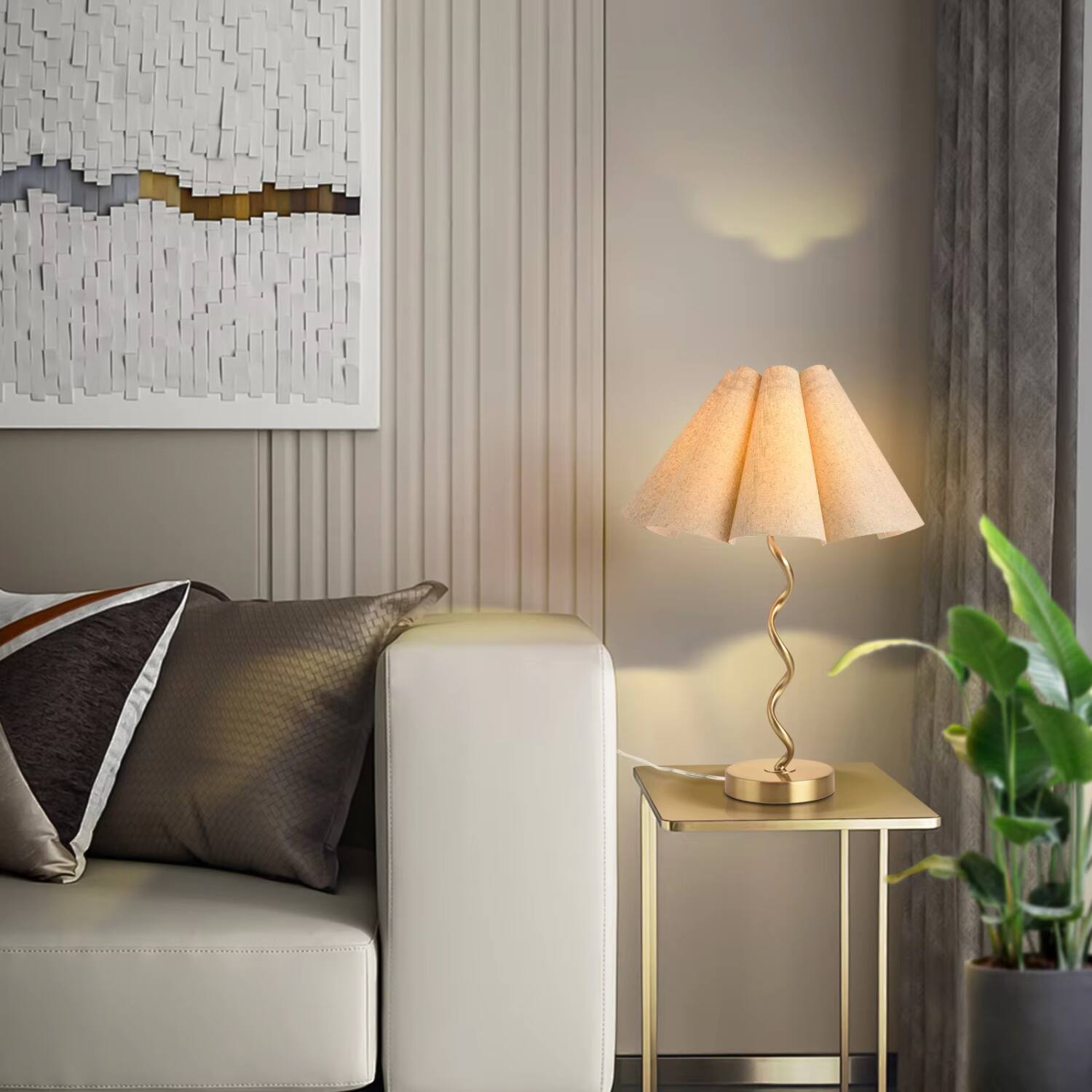 Back. Luckbyte - Gold Modern Scalloped Pleated Table Lamp for Bedside Nightstand Kitchen Counter - Beige.