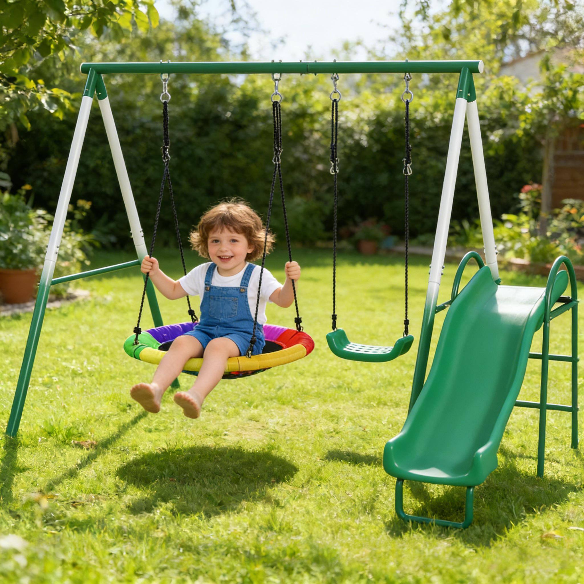 Angle. Siljoy - Metal Swing Set with Saucer Swing, Slide & Adjustable Ropes, 265lb Capacity, for Ages 3‑8, Backyard - Black,Dark Green,White.