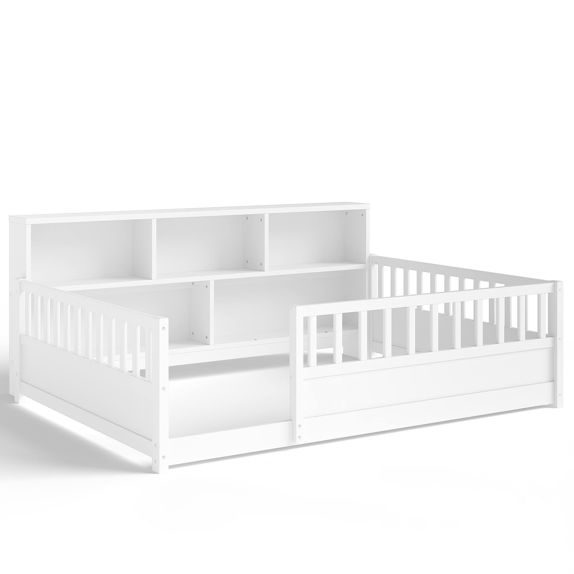 Alt View 2. GOODSILO - Full-Sized Wooden Floor Bed with Fence Guardrail and Side Storage Decorative Function in Classic White Finish - White.