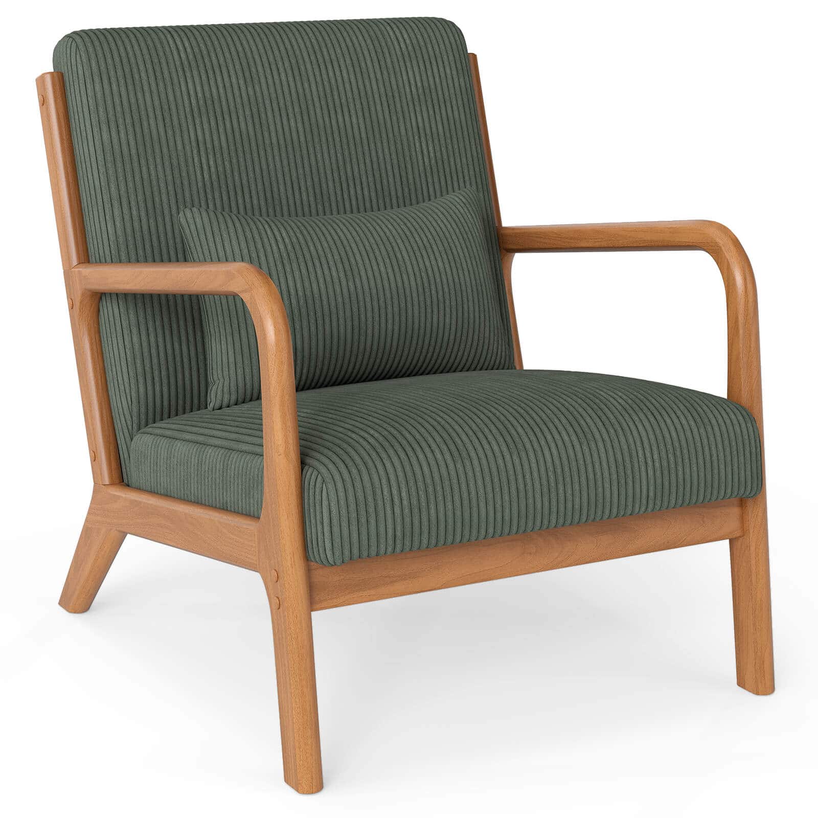 Costway - 2 PCS Corduroy Upholstered Lounge Chair with Rubber Wood Armrests & Lumbar Pillow - Green + Brown