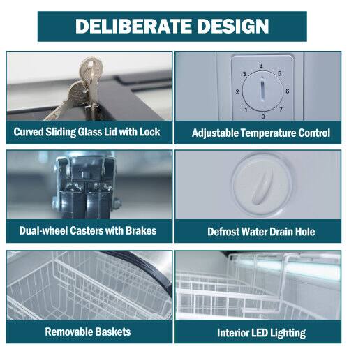 DELIBERATE DESIGN

1. Curved Sliding Glass Lid with Lock
2. Adjustable Temperature Control
3. Dual-wheel Casters with Brakes
4. Defrost Water Drain Hole
5. Removable Baskets
6. Interior LED Lighting