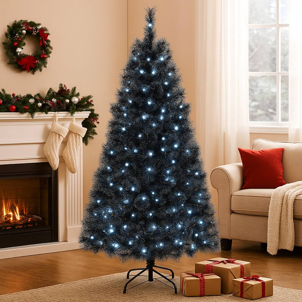 BreeBe - Pre-Lit Christmas Tree – 6/7/8ft with PVC Branches and Cool White LEDs - Black