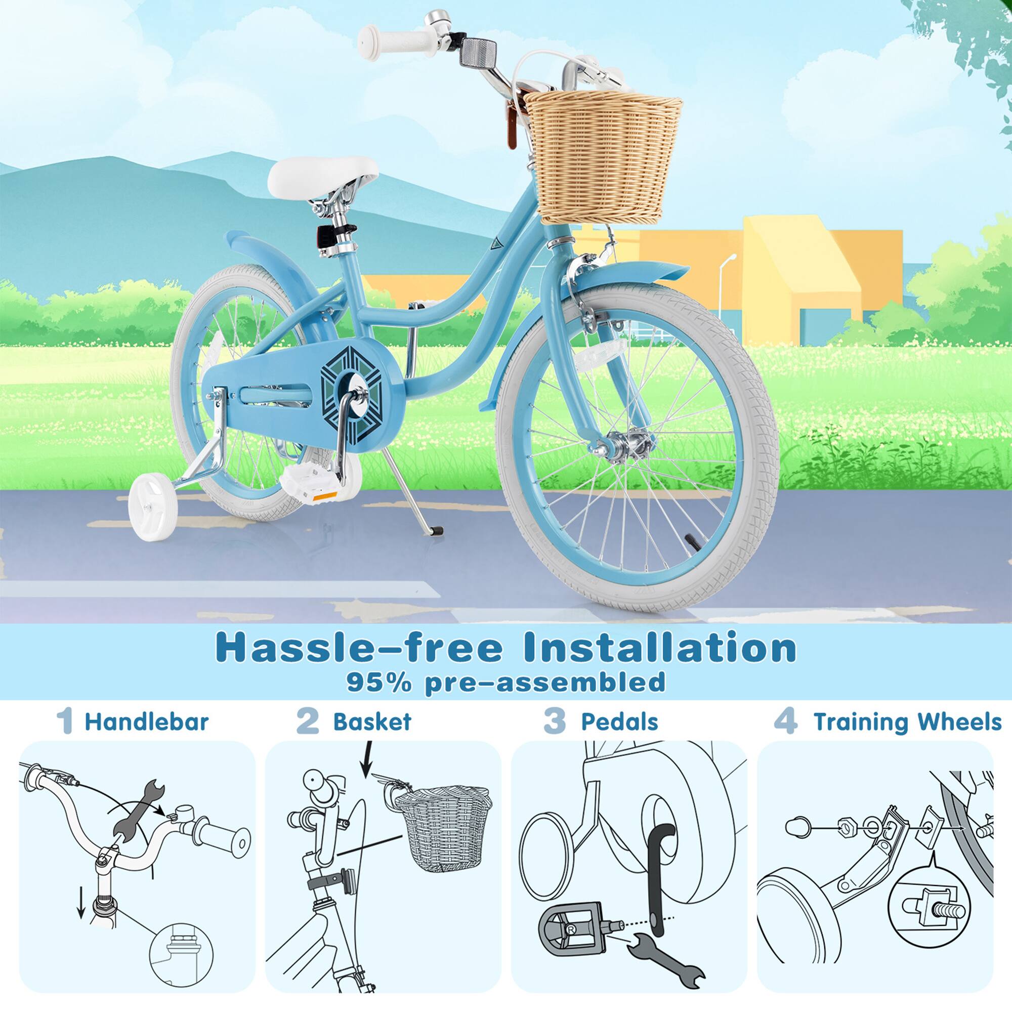 Hassle-free Installation  
95% pre-assembled  

1. Handlebar  
2. Basket  
3. Pedals  
4. Training Wheels