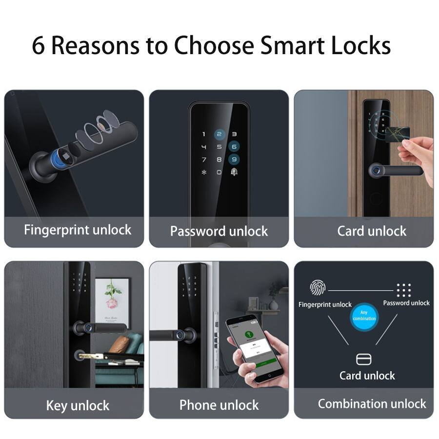 6 Reasons to Choose Smart Locks

1. Fingerprint unlock
2. Password unlock
3. Card unlock
4. Key unlock
5. Phone unlock
6. Combination unlock