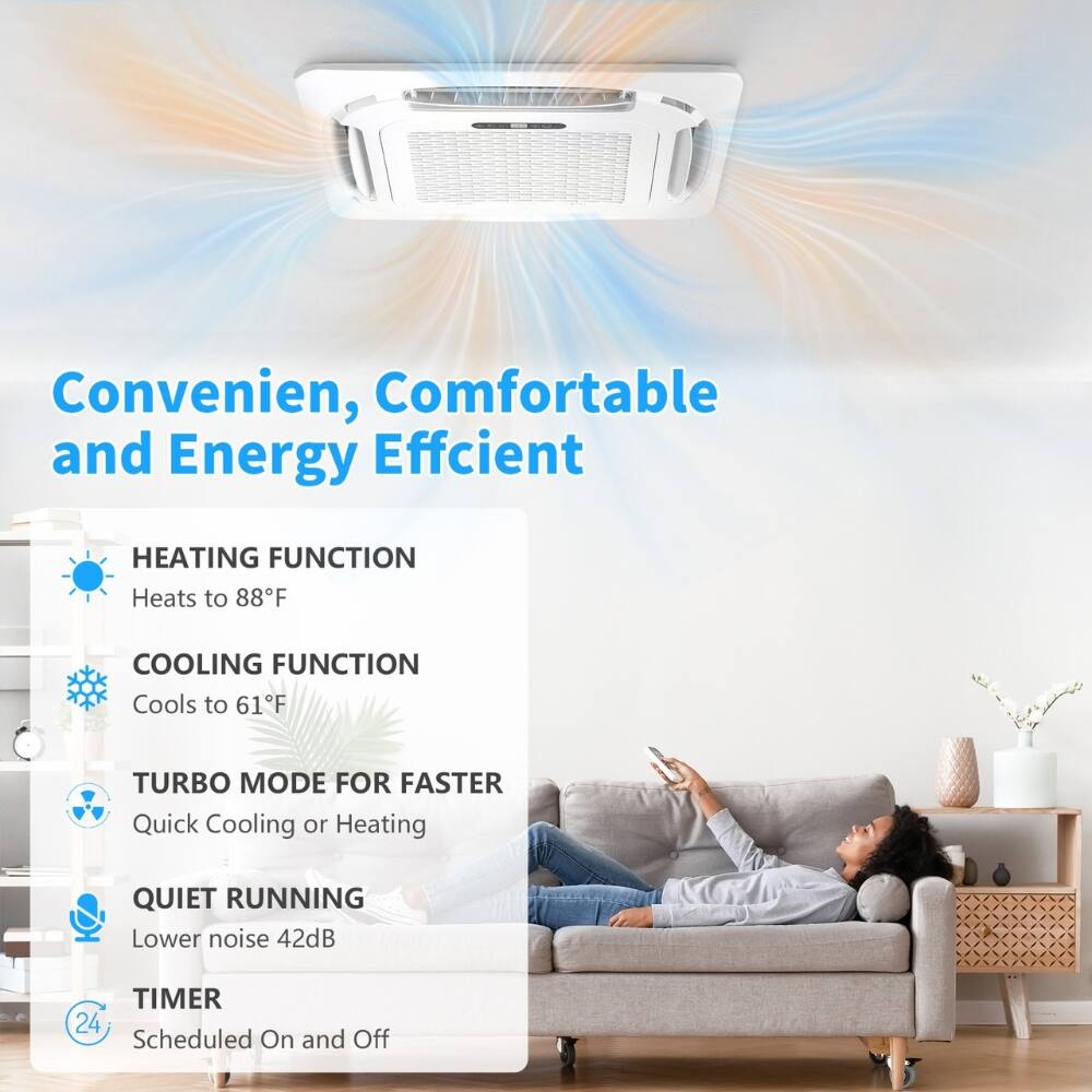 Convenient, Comfortable and Energy Efficient

HEATING FUNCTION
Heats to 88°F

COOLING FUNCTION
Cools to 61°F

TURBO MODE FOR FASTER
Quick Cooling or Heating

QUIET RUNNING
Lower noise 42dB

TIMER
24 Scheduled On and Off