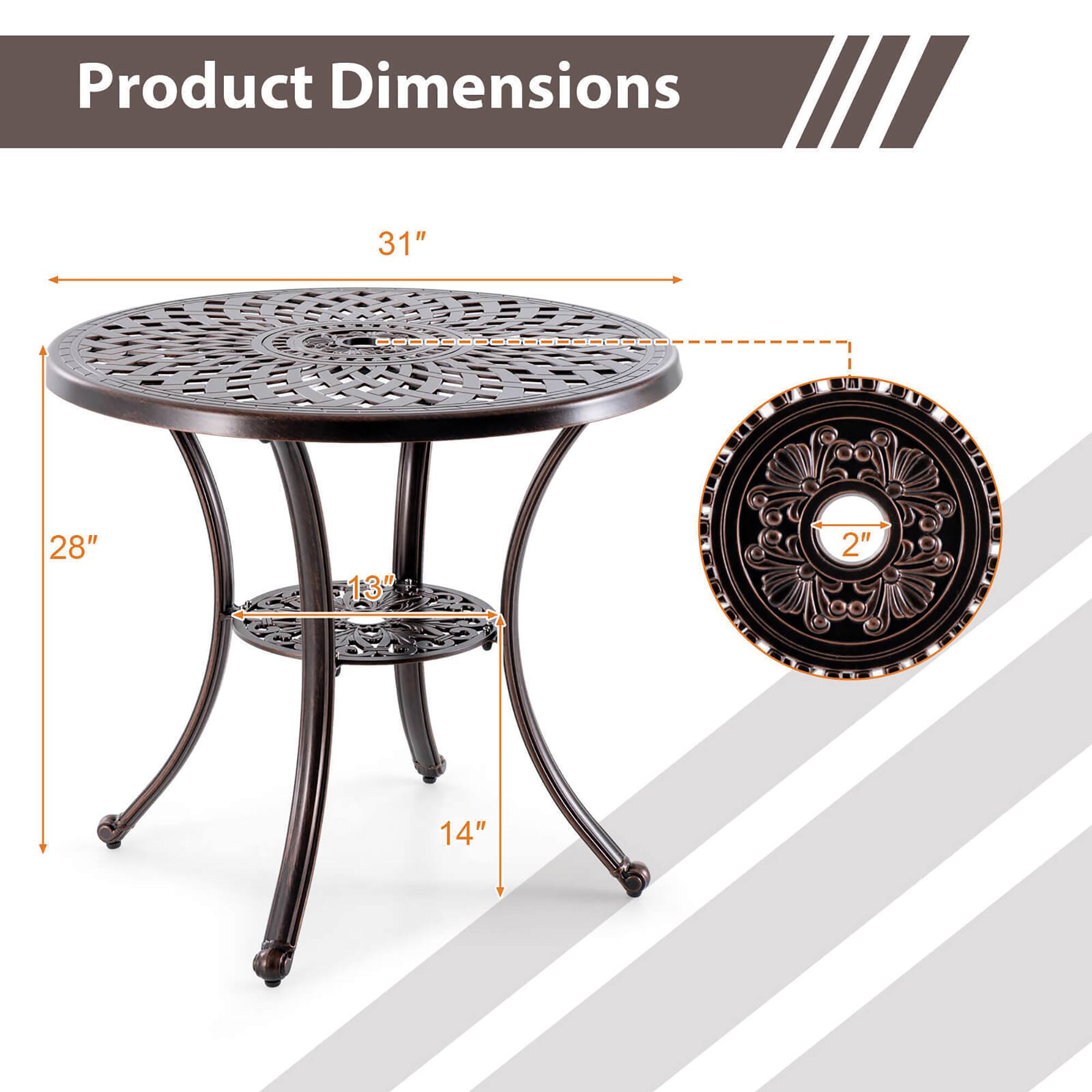 Product Dimensions

- Diameter: 31"
- Height: 28"
- Top Thickness: 2"
- Bottom Thickness: 13"
- Leg Length: 14"