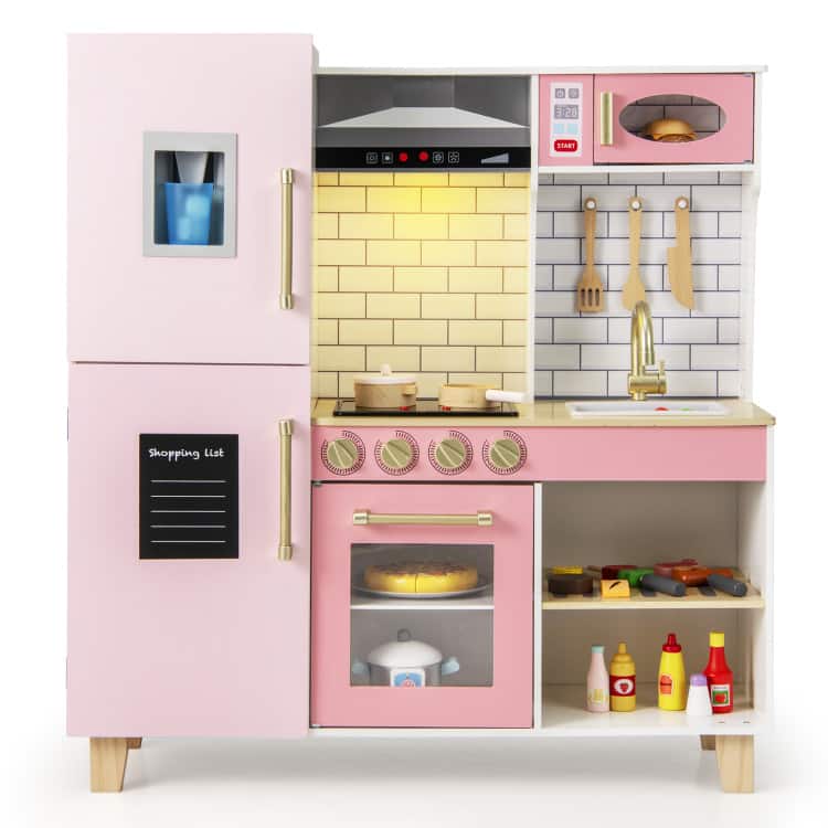 SlickBlue - Interactive Wooden Pretend Kitchen with Ice Maker, Range Hood and Blackboard - Pink