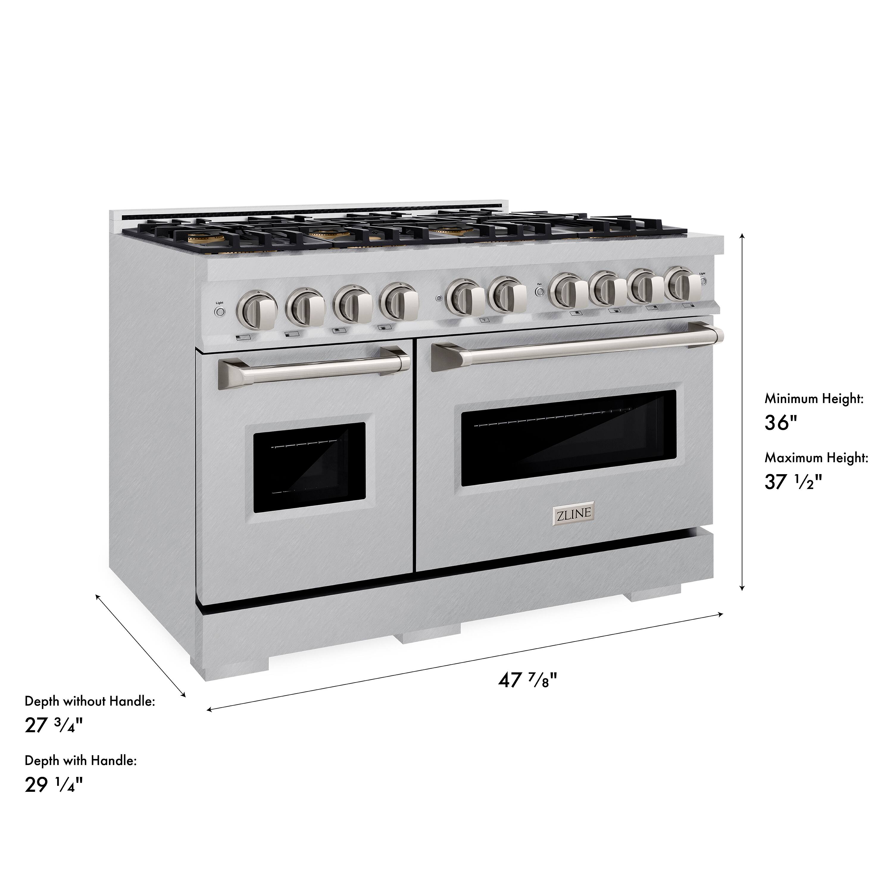 OOCa GG 00a

Minimum Height: 36"
Maximum Height: 37 1/2"

ZLINE
Depth without Handle: 27 3/4"
Depth with Handle: 29 1/4"

47 7/8"