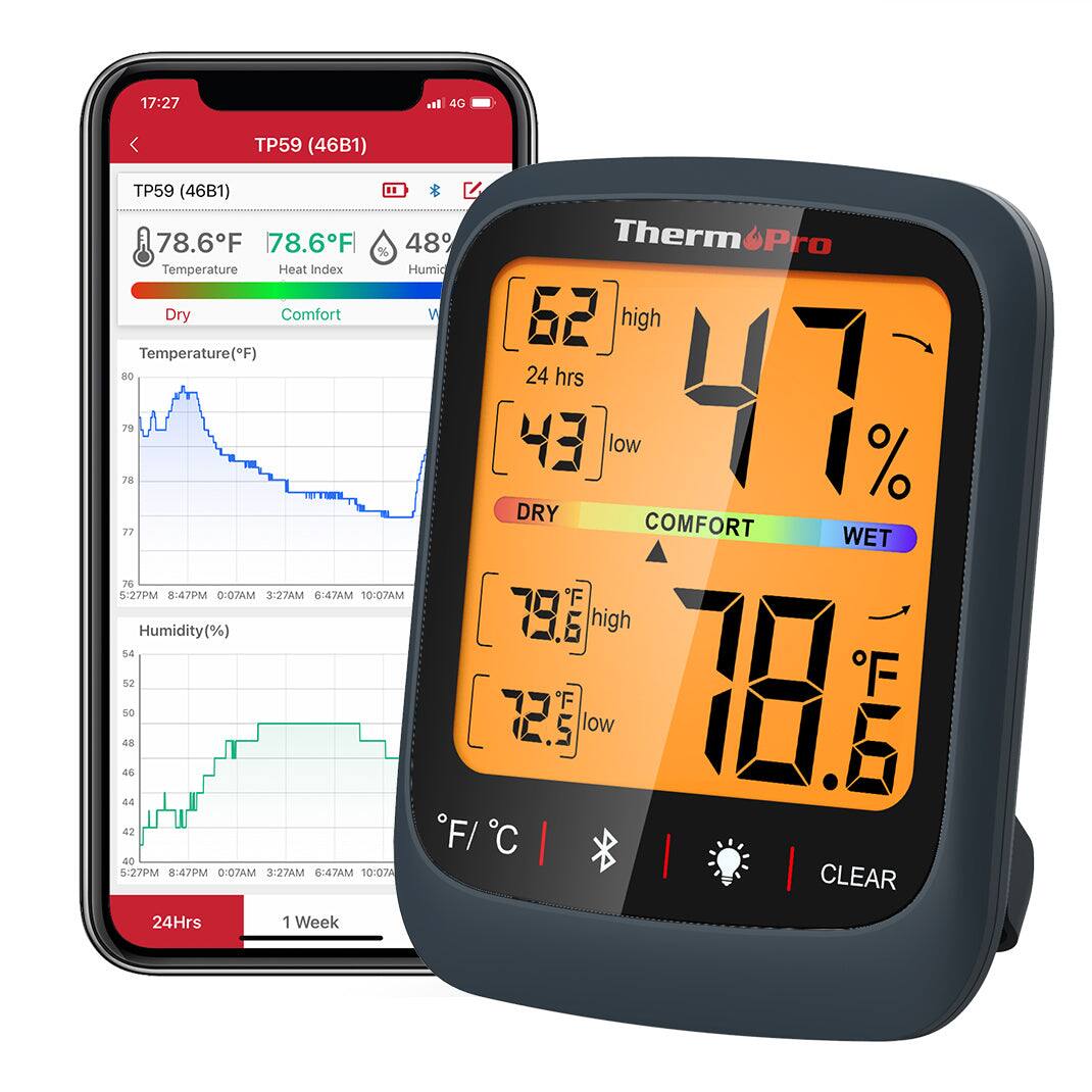 ThermoPro - TP359W Smart Bluetooth Indoor Thermometer and Humidity Monitor, 260ft Wireless Range, iOS/Android Compatible - Black