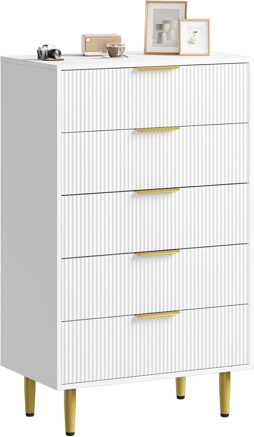 Front. GARVEE - Fluted Dresser for Bedroom with 5 Drawers, Wooden Chest of Drawers with Metal Handle & Feet, Dresser for Living Room - White.