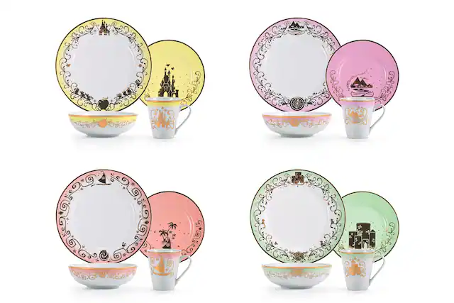 Front. Ukonic - Disney Princess 16-Piece Dinnerware Set | Merida, Pocahontas, Moana, Snow White - Pink.