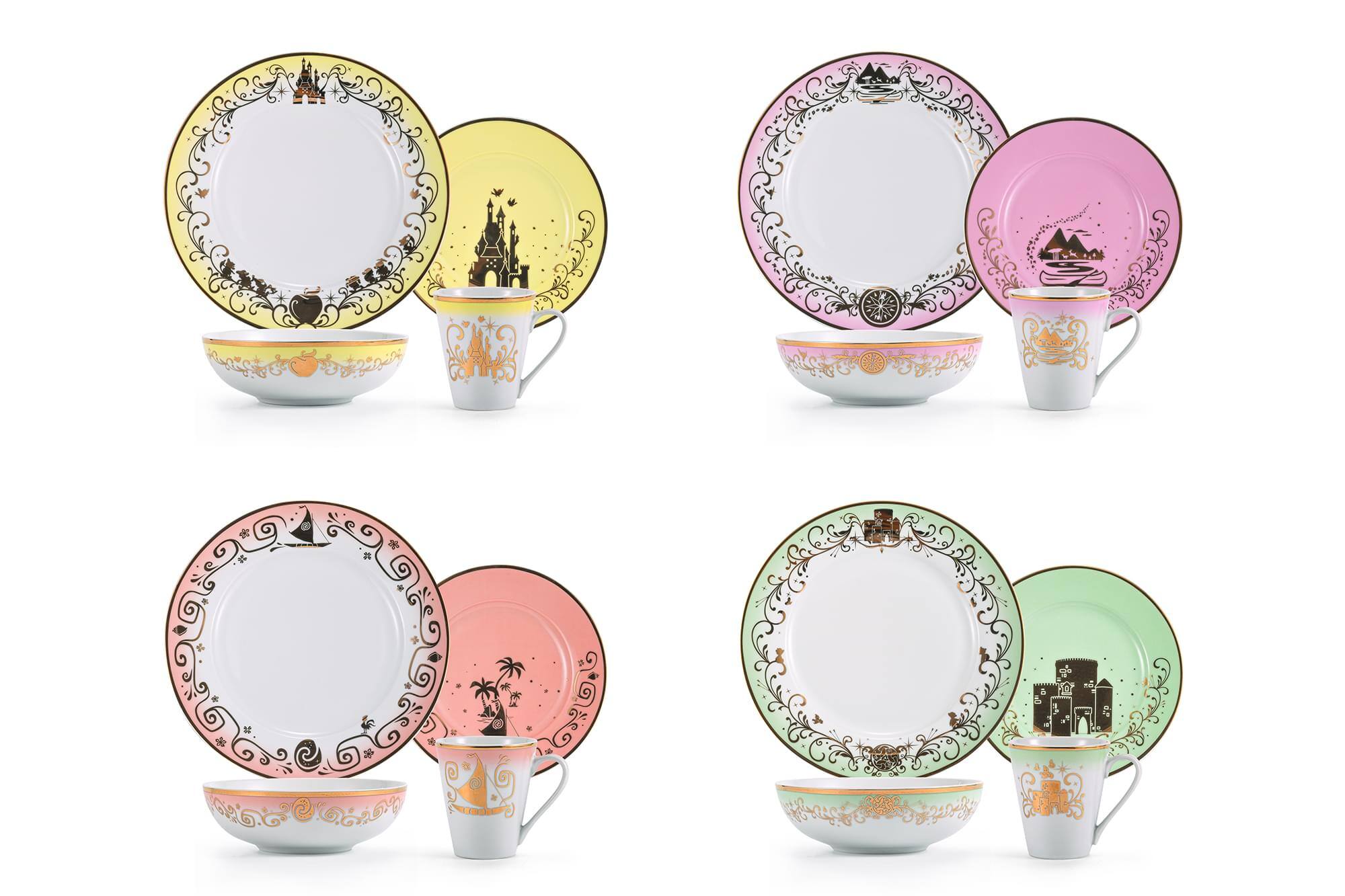 Front. Ukonic - Disney Princess 16-Piece Dinnerware Set | Merida, Pocahontas, Moana, Snow White - Pink.