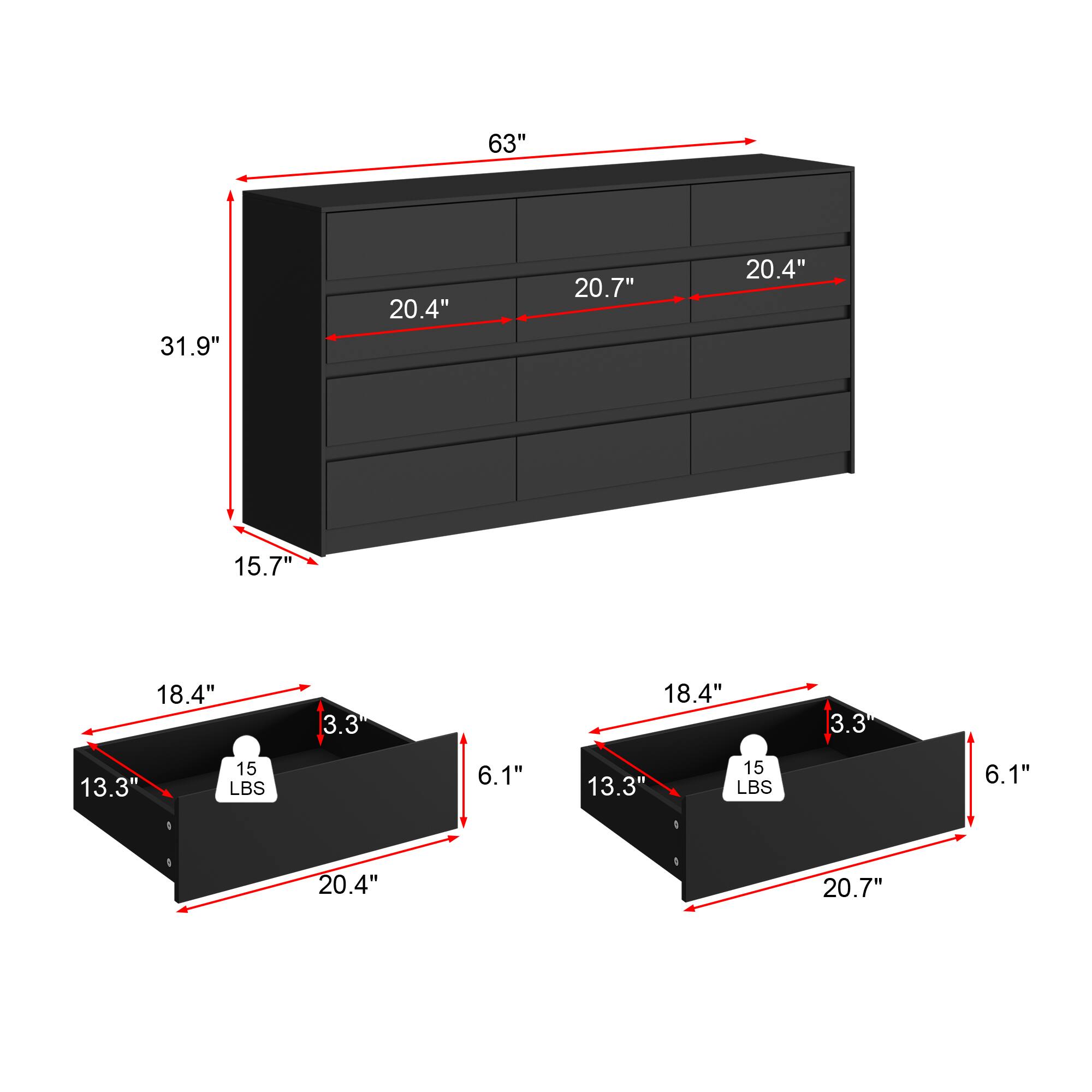 63", 31.9", 20.4", 20.7", 15.7", 18.4", 3.3", 13.3", 15 LBS, 6.1"