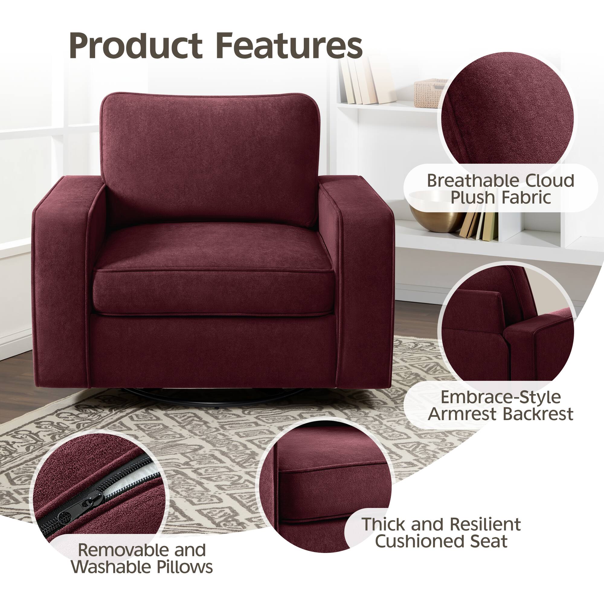 Product Features

- Breathable Cloud Plush Fabric
- Embrace-Style Armrest Backrest
- Removable and Washable Pillows
- Thick and Resilient Cushioned Seat