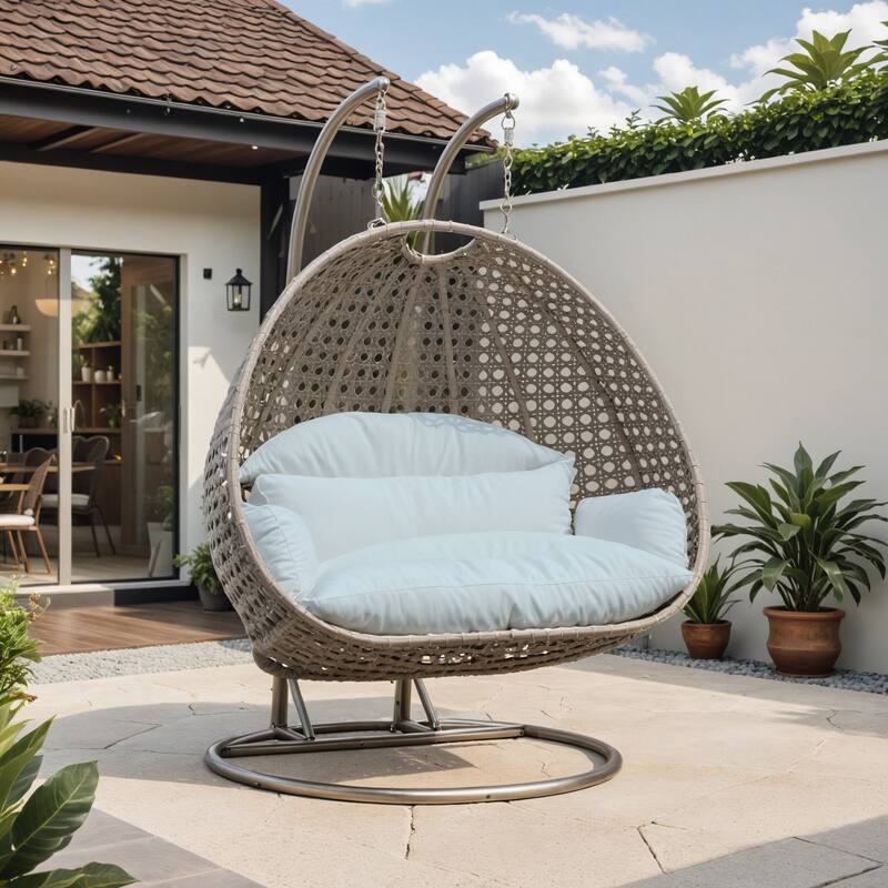 Angle. LeisureMod - Leisuremod 2-Person Wicker Egg Swing Chair with Stand & Washable Cushions - Indoor/Outdoor Double Hanging Patio Chair - Light Grey.