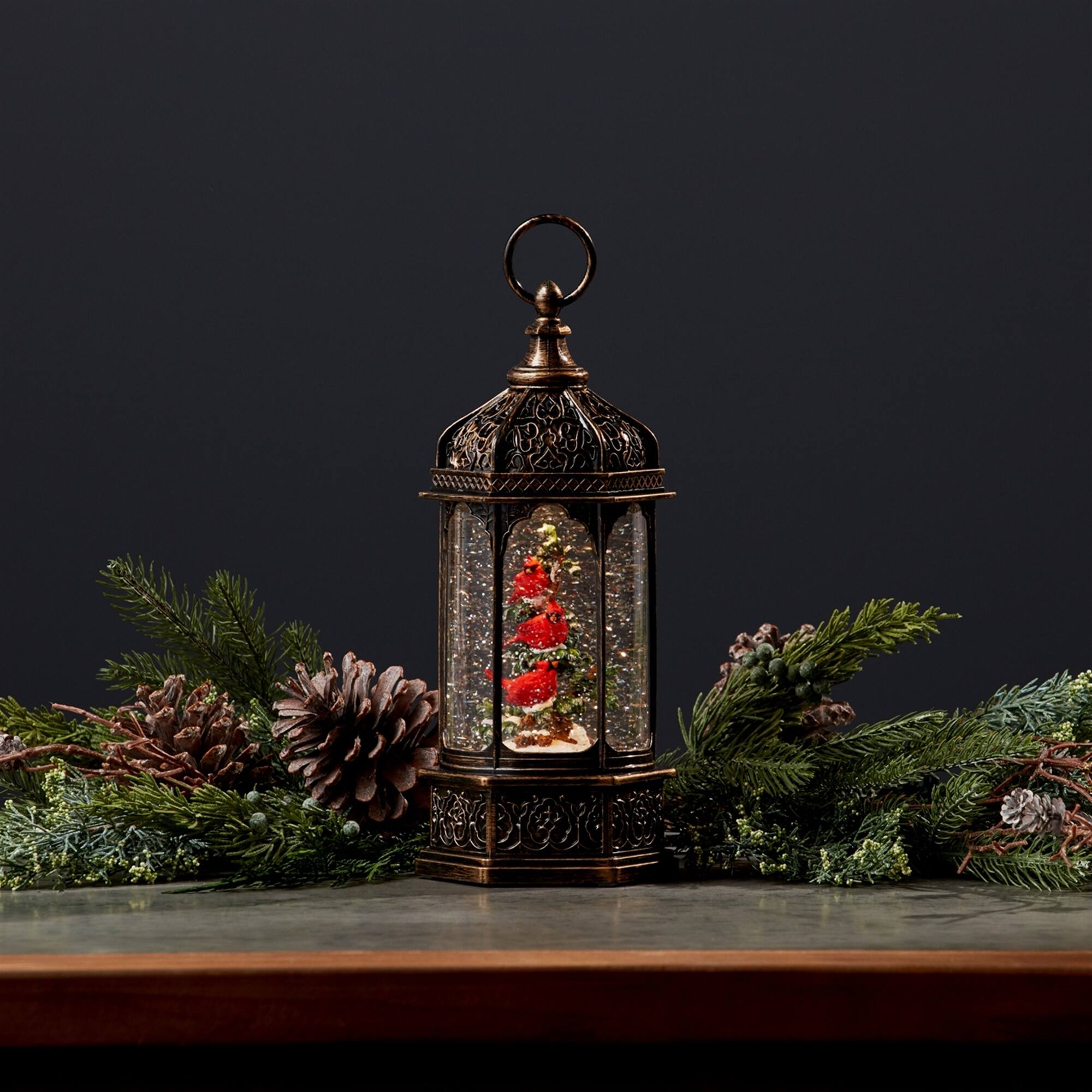 Alt View 1. BreeBe - LED Snow Globe Lantern with Cardinal Bird Branch 13"H - Bronze, Red, Green.