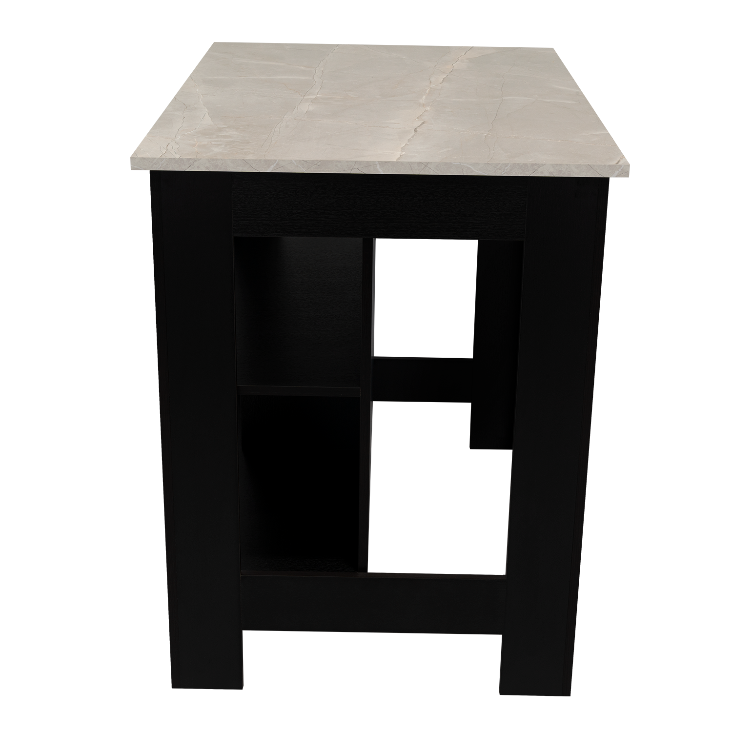 Left. TuHome - Cala Kitchen Island, Four Legs, Three Shelves, Black and Ibiza Marble - Black, Ibiza Marble.