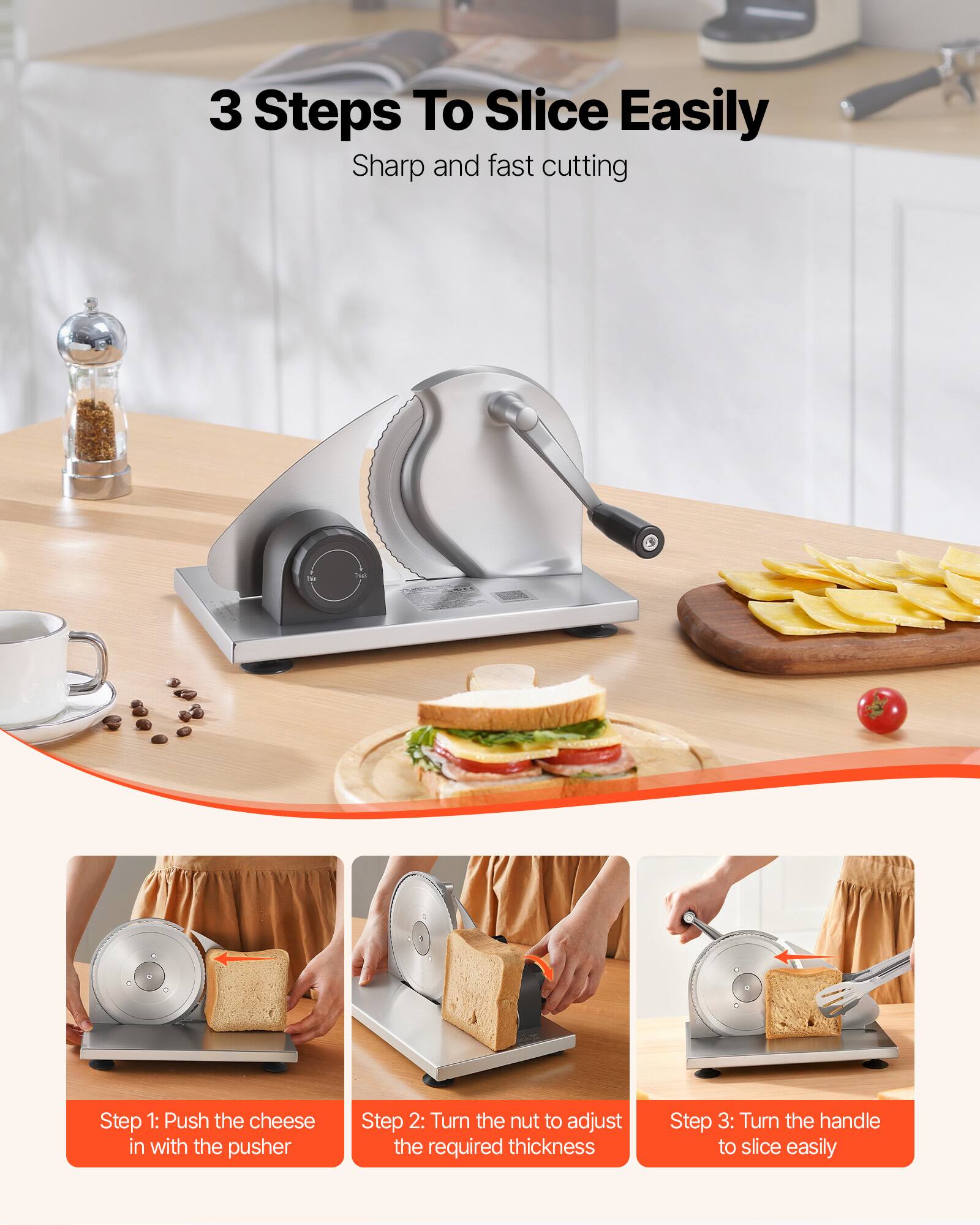 3 Steps To Slice Easily  
Sharp and fast cutting  

Step 1: Push the cheese in with the pusher  
Step 2: Turn the nut to adjust the required thickness  
Step 3: Turn the handle to slice easily