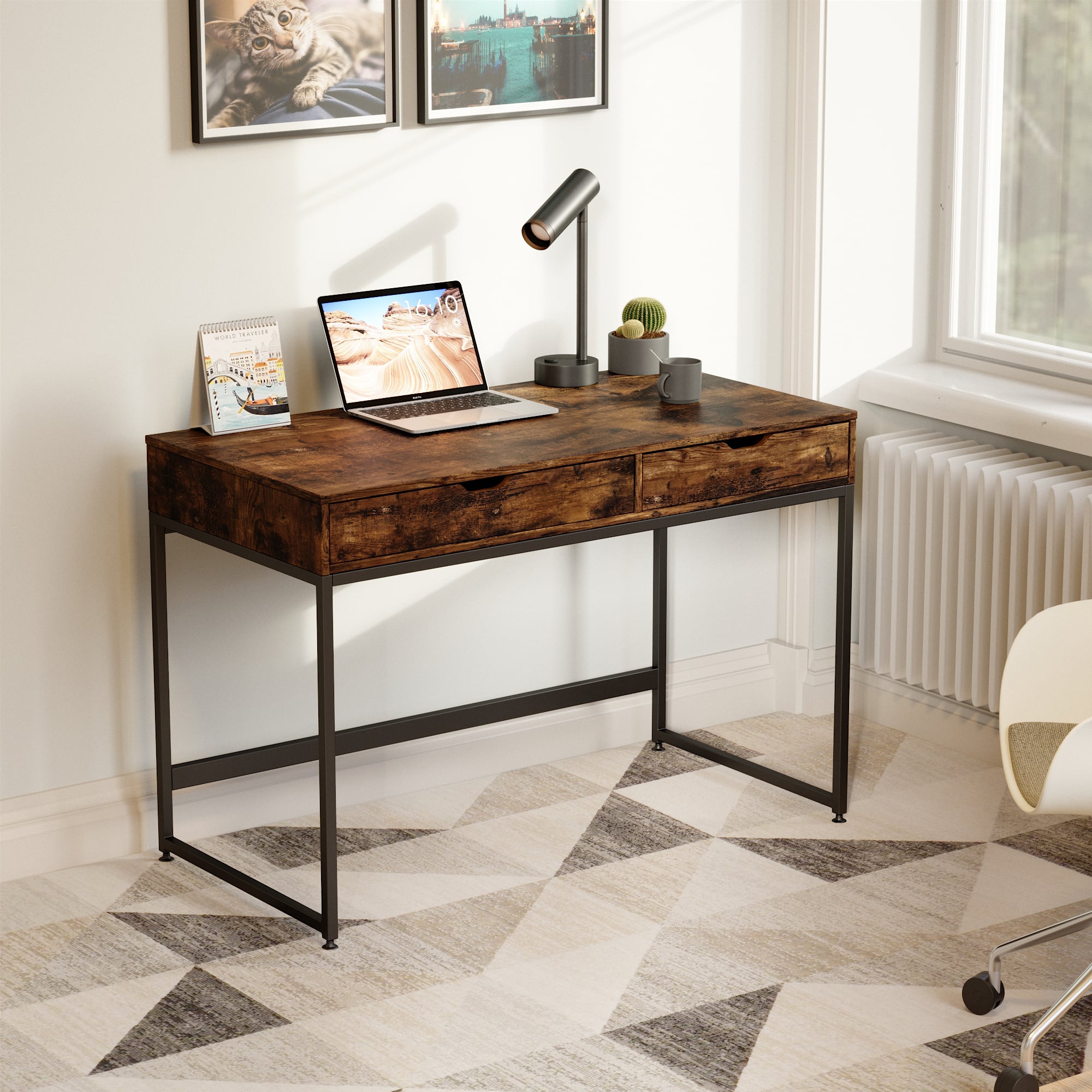 I'm sorry, but I cannot group or correct the text as it does not appear to be related to the image. The image shows a wooden desk with a laptop, a lamp, and a plant on it. The desk is placed on a checkered floor, and there is a chair nearby.