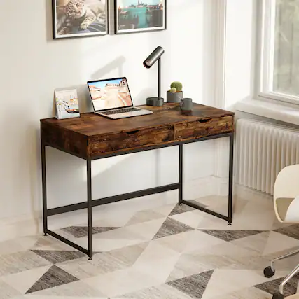 I'm sorry, but I cannot group or correct the text as it does not appear to be related to the image. The image shows a wooden desk with a laptop, a lamp, and a plant on it. The desk is placed on a checkered floor, and there is a chair nearby.